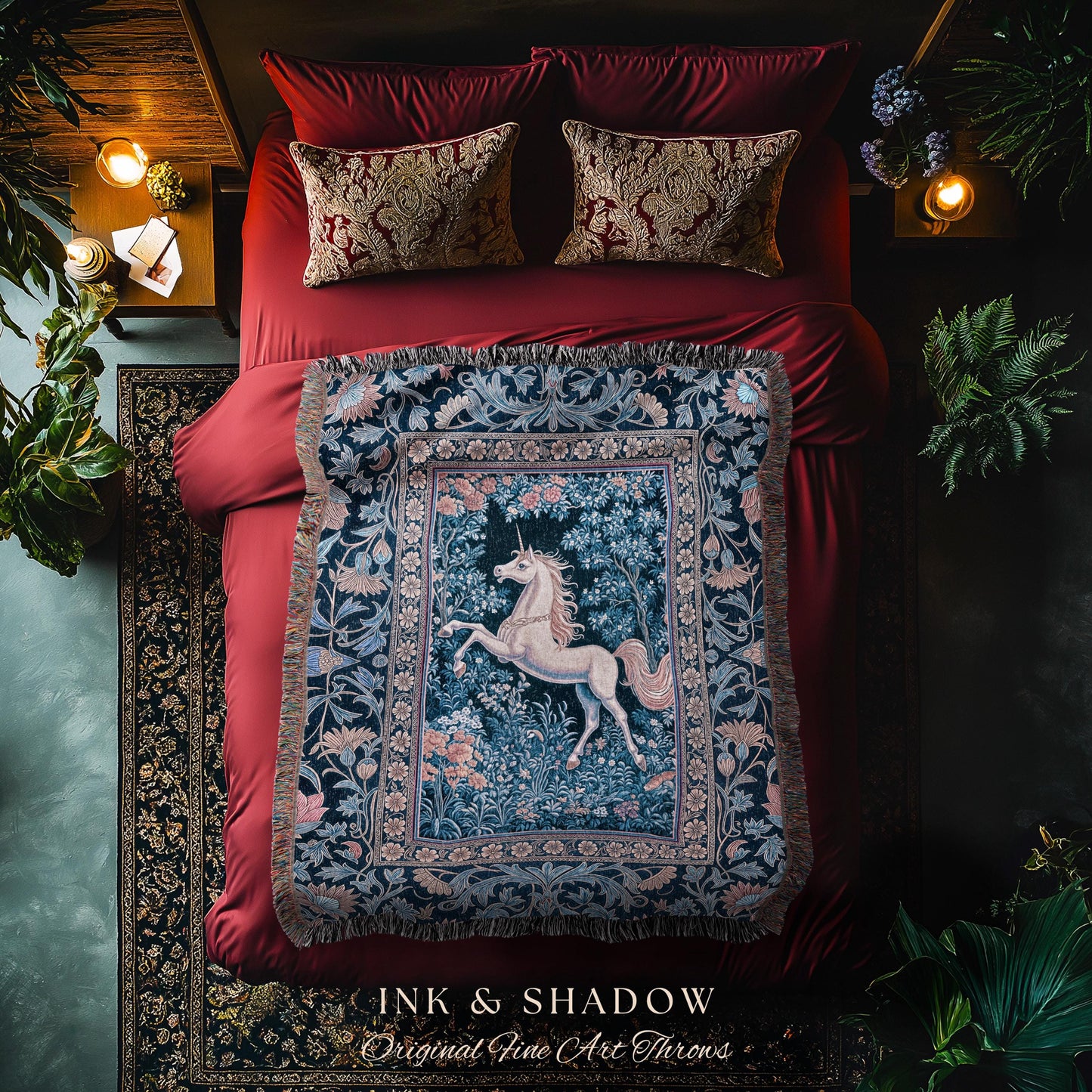 Storybook Unicorn Mystic Woven Throw | Pastel Blue Forest Pegasus Accent Fairytale Baroque Decor Romantic Tapestry Mystic Cottagecore Regal