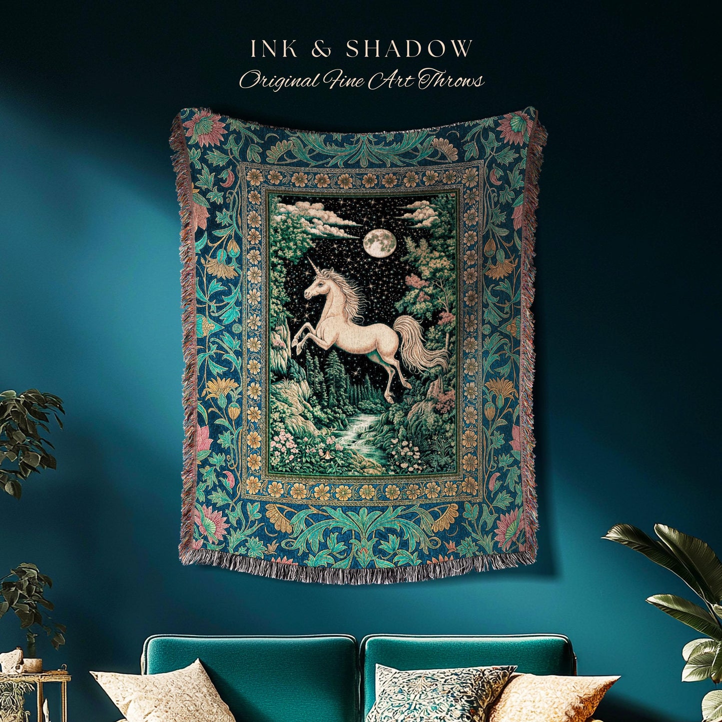 Unicorn Meadow Magical Aesthetic Throw | Castlecore Forest Fantasy Decor Fairytale Accent Regal Mystical Baroque Tapestry Regency Style Boho