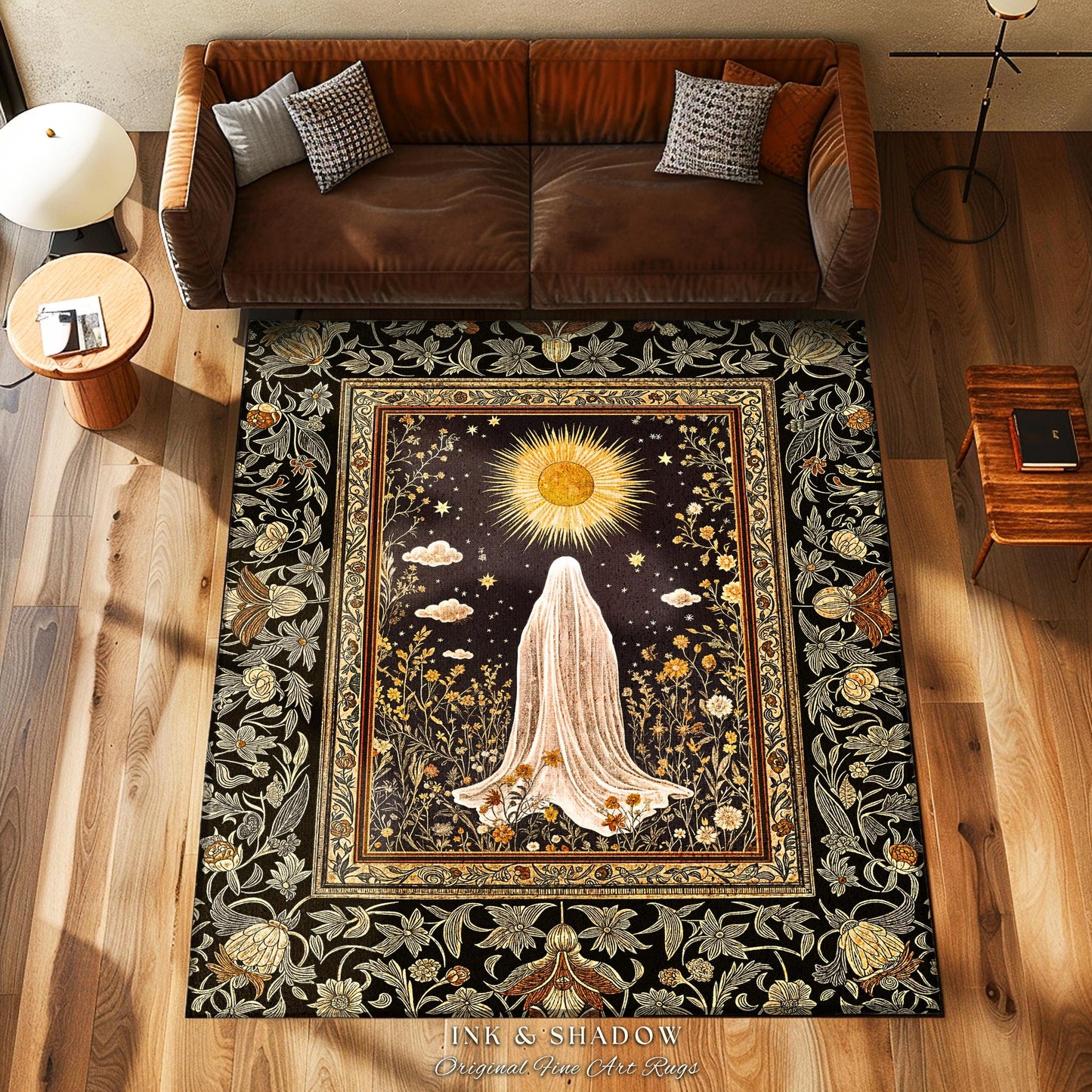 Golden Hour Mystic Ghost Rug | Autumn Floral Aesthetic Area Rug Halloween Decor Whimsigoth Cottagecore Spirit Home Decor Witchy Theme Accent