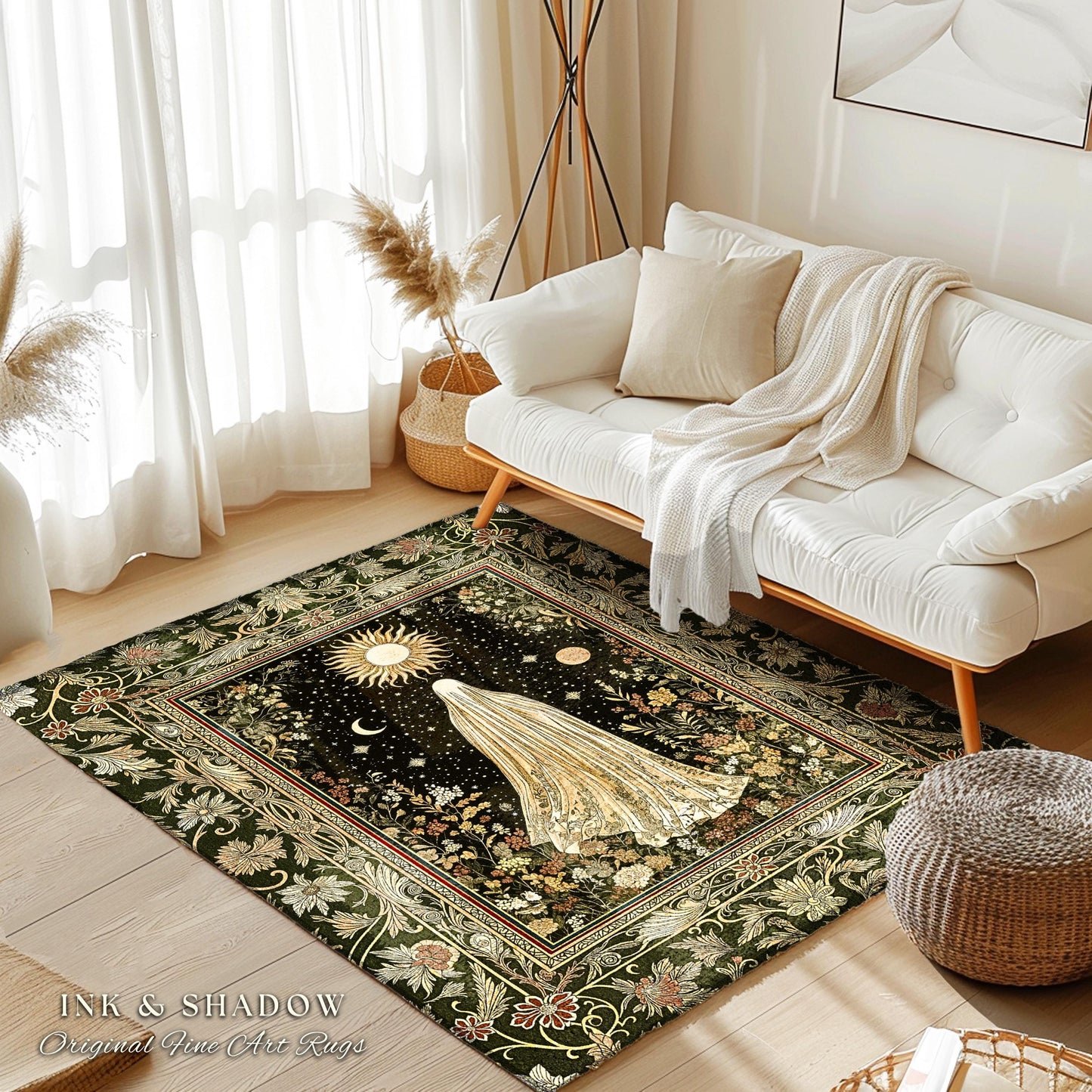 Sun Moon Spirit Ghost Accent Rug | Floral Halloween Whimsigoth Decor Cottagecore Area Rug Gothic Home Accent Spooky Season Botanical Cozy |
