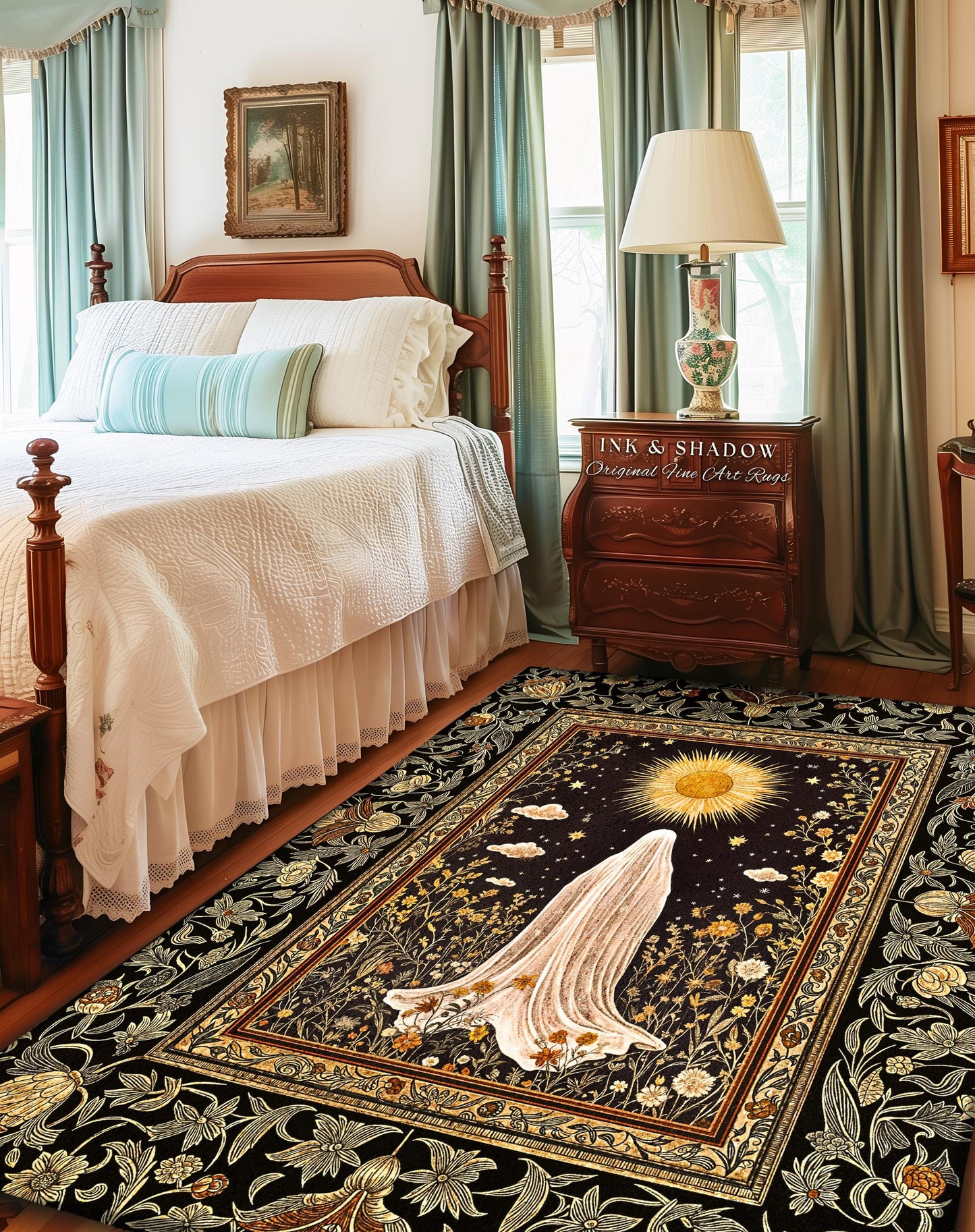Golden Hour Mystic Ghost Rug | Autumn Floral Aesthetic Area Rug Halloween Decor Whimsigoth Cottagecore Spirit Home Decor Witchy Theme Accent
