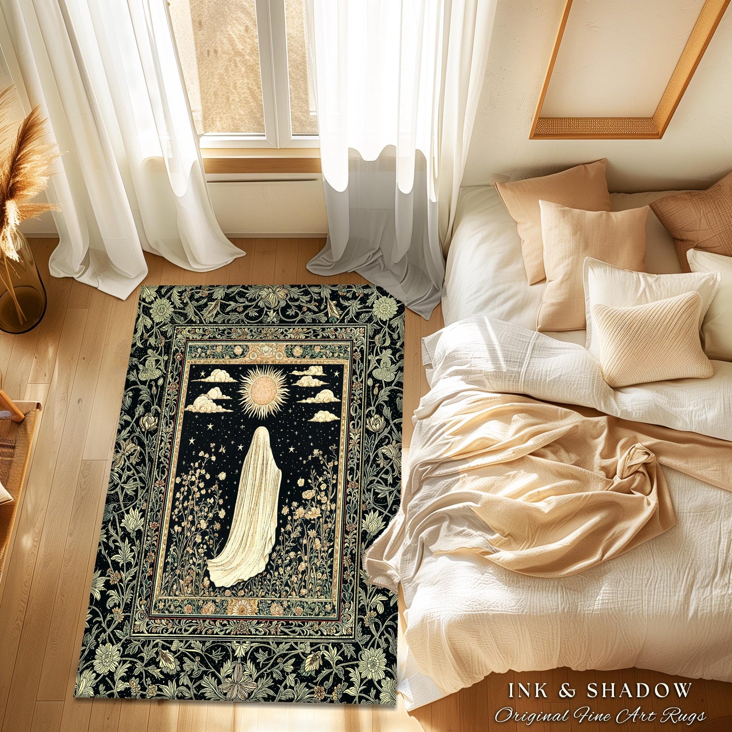 Whimsical Sky Spirit Area Rug | Ethereal Ghost Accent Halloween Floral Decor Cottagecore Whimsigoth Bohemian Botanical Dark Academia Style |