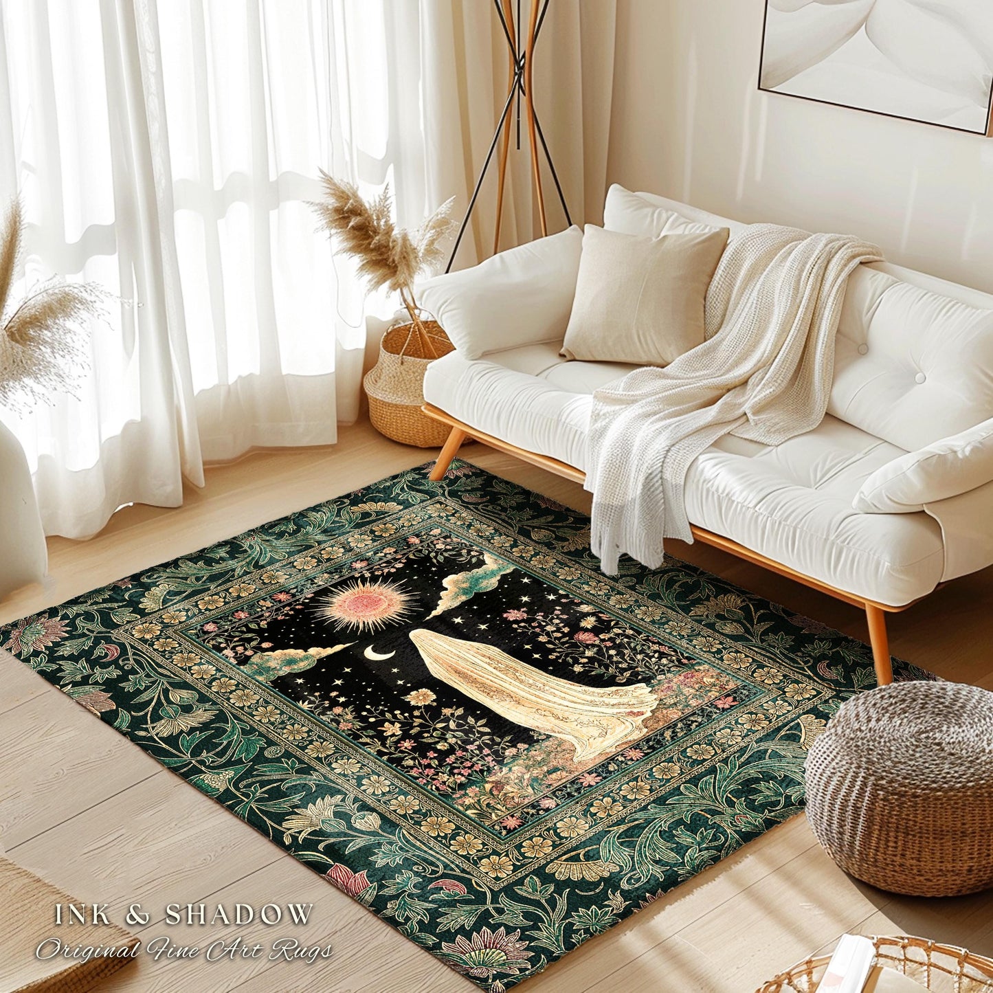 Verdant Sunlit Ghost Cozy Area Rug | Floral Cottagecore Halloween Decor Forest Ghost Home Accent Whimsigoth Gothic Art Botanical Aesthetic |