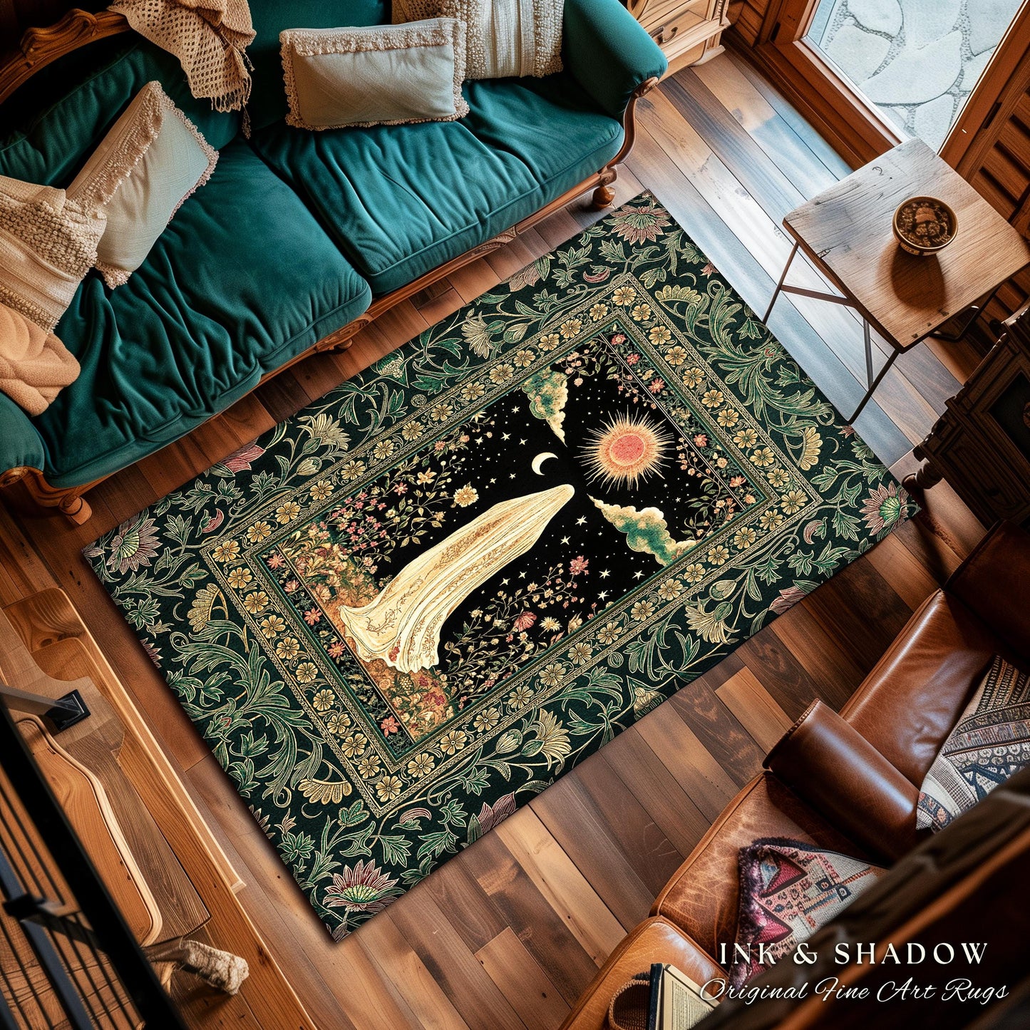 Verdant Sunlit Ghost Cozy Area Rug | Floral Cottagecore Halloween Decor Forest Ghost Home Accent Whimsigoth Gothic Art Botanical Aesthetic |