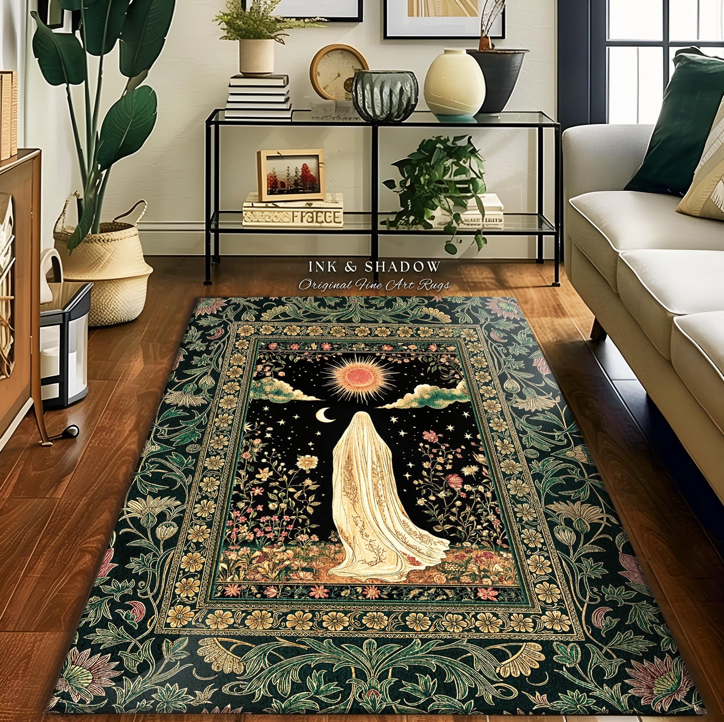 Verdant Sunlit Ghost Cozy Area Rug | Floral Cottagecore Halloween Decor Forest Ghost Home Accent Whimsigoth Gothic Art Botanical Aesthetic |