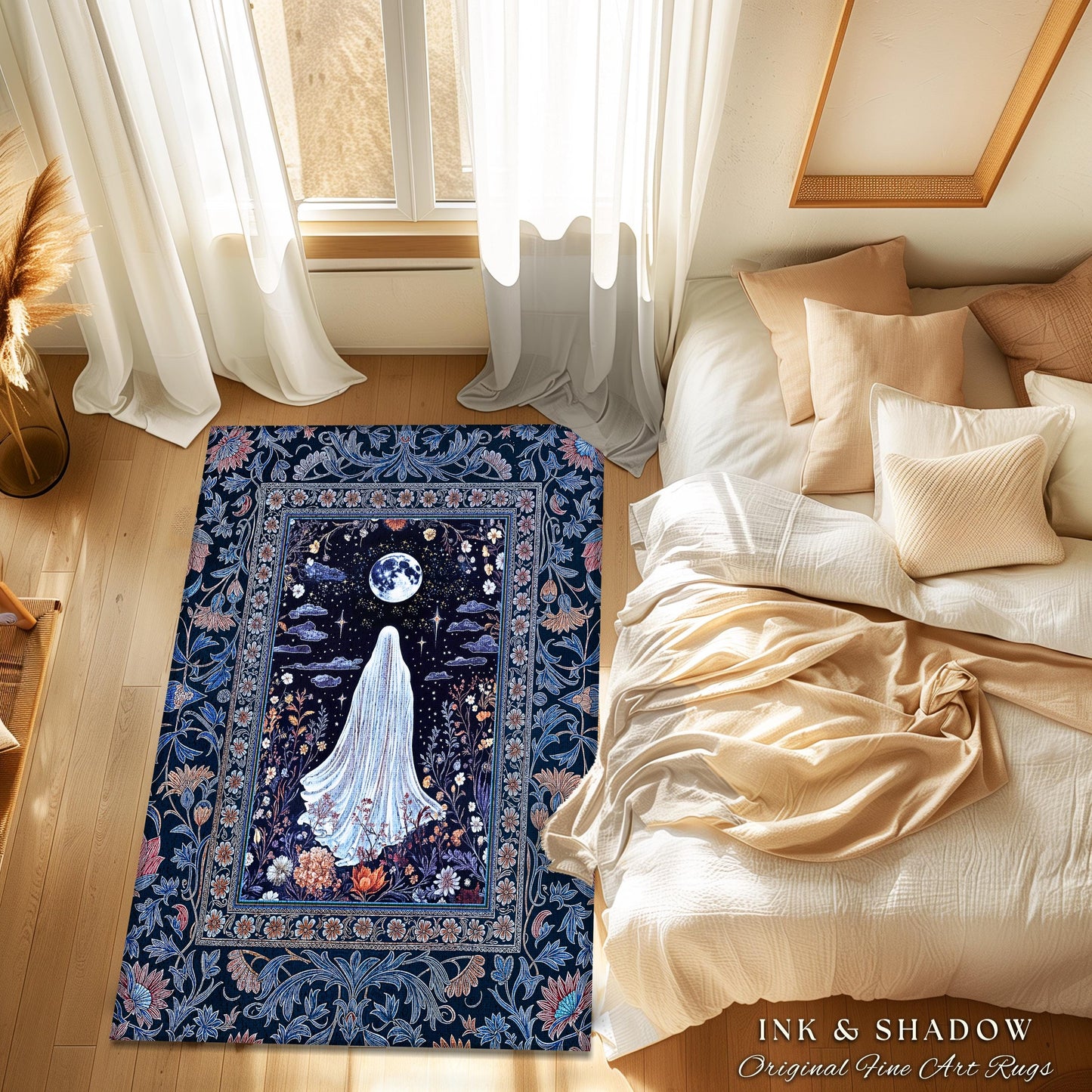 Blue Moon Garden Ghost Area Rug | Whimsigoth Pastel Floral Accent Halloween Decor Cottagecore Spirit Botanical Season Witchy Style Bedroom |