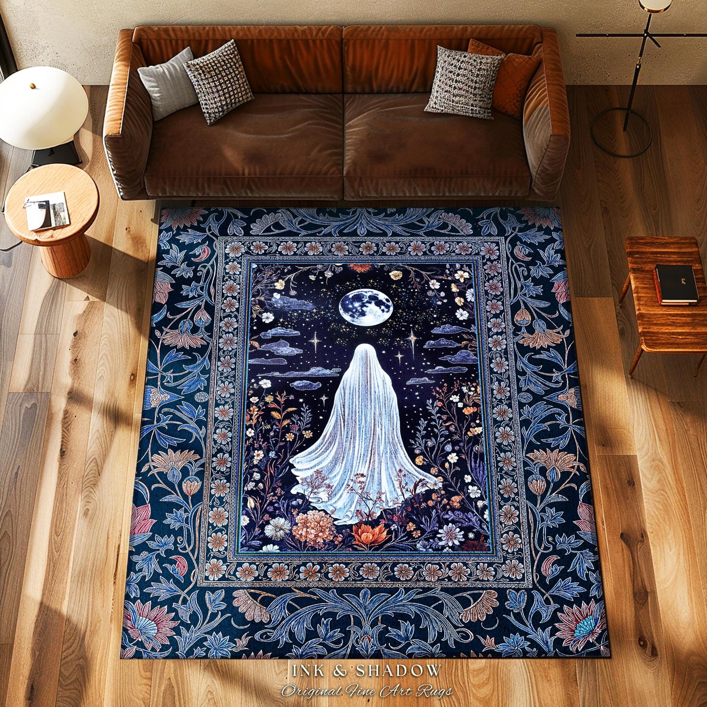 Blue Moon Garden Ghost Area Rug | Whimsigoth Pastel Floral Accent Halloween Decor Cottagecore Spirit Botanical Season Witchy Style Bedroom |
