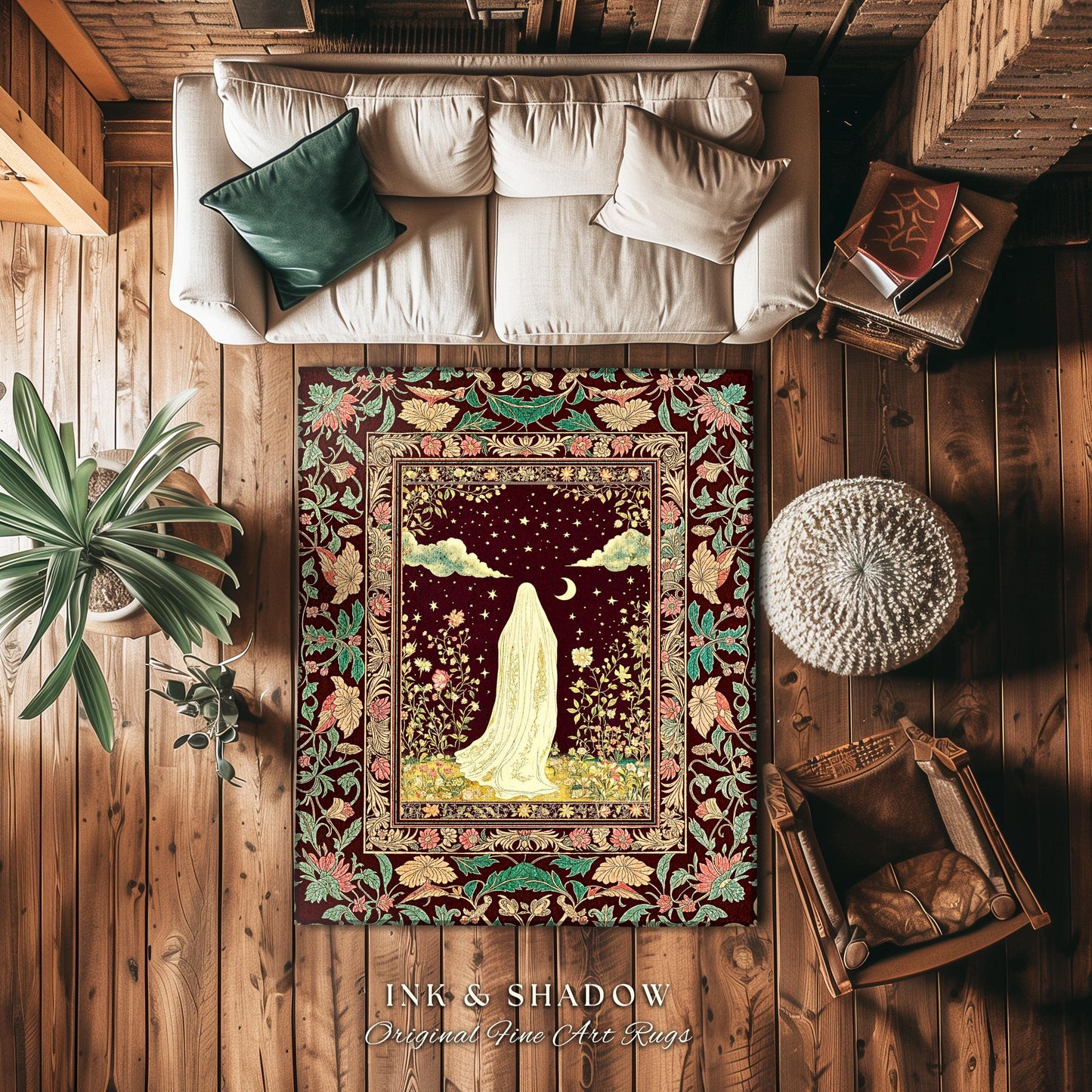 Celestial Nightfall Mystic Ghost Rug | Ethereal Witchy Cottagecore Accent Rug Whimsigoth Gothic Decor Botanical Vintage Aesthetic Pastel |
