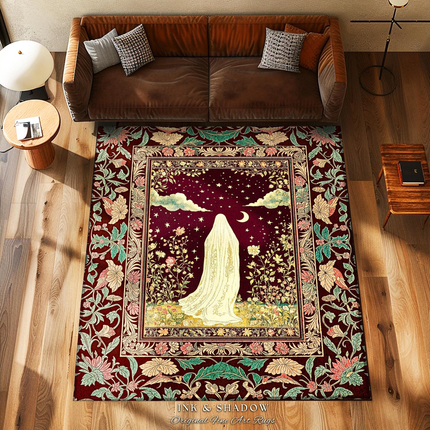Celestial Nightfall Mystic Ghost Rug | Ethereal Witchy Cottagecore Accent Rug Whimsigoth Gothic Decor Botanical Vintage Aesthetic Pastel |