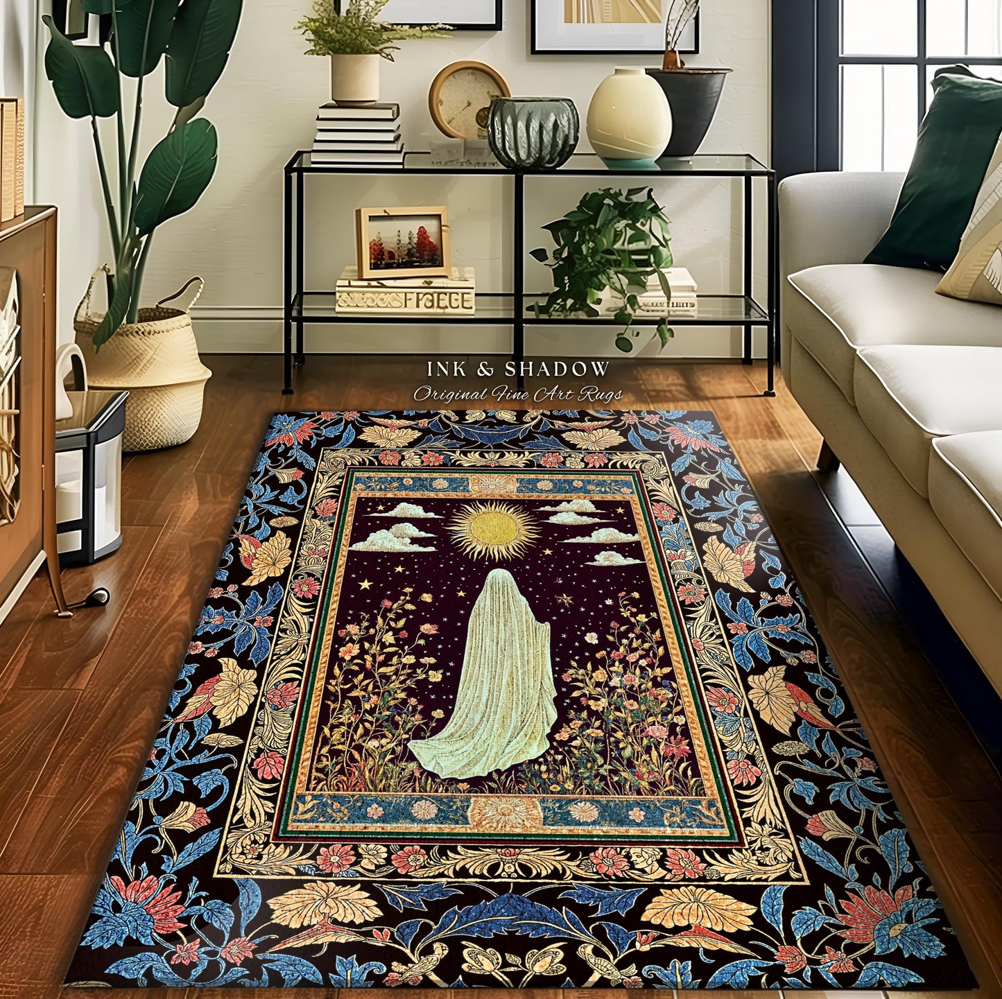 Gothic Sunlit Ghost Accent Rug | Whimsigothic Cottagecore Area Rug Home Decor Halloween Spirit Floral Mysticism Witchy Bedroom Accent Tarot