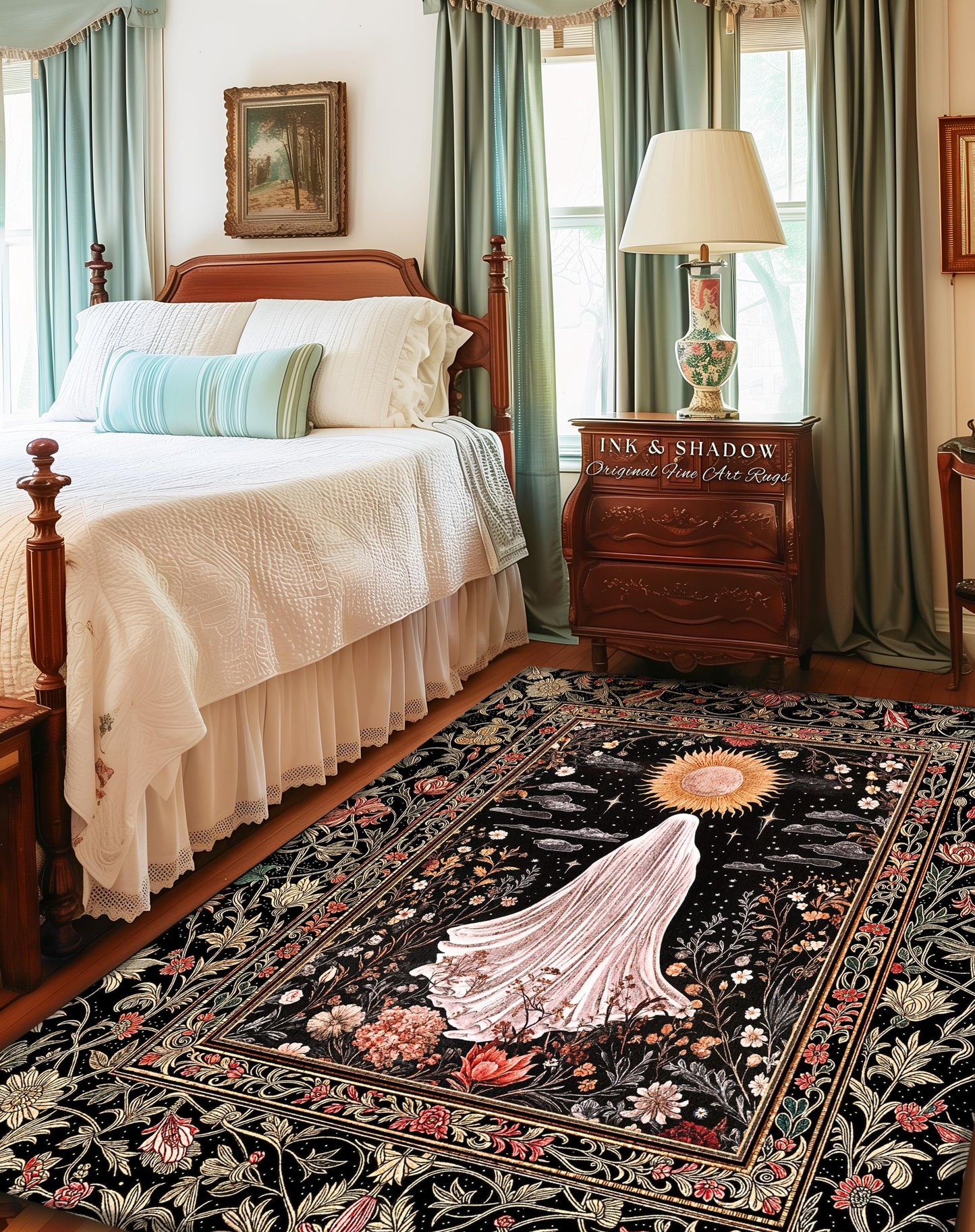 Ethereal Rose Garden Ghost Rug | Pastel Floral Accent Rug Halloween Aesthetic Cottagecore Whimsigoth Romantic Goth Decor Celestial Witchy |
