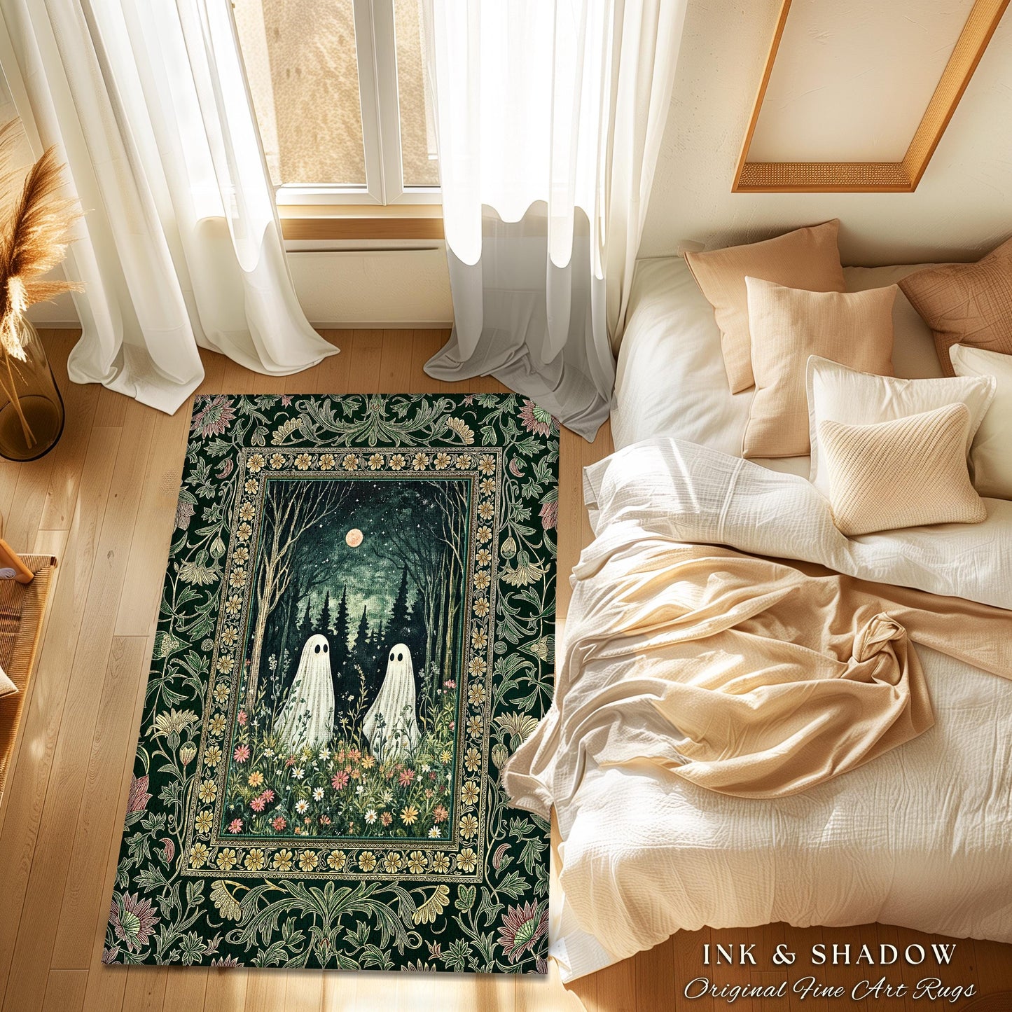 Gothic Sage Green Ghosts Rug | Botanical Woodland Spirits Decor Whimsigoth Gothic Halloween Style Cottagecore Floral Mystic Dark Aesthetic