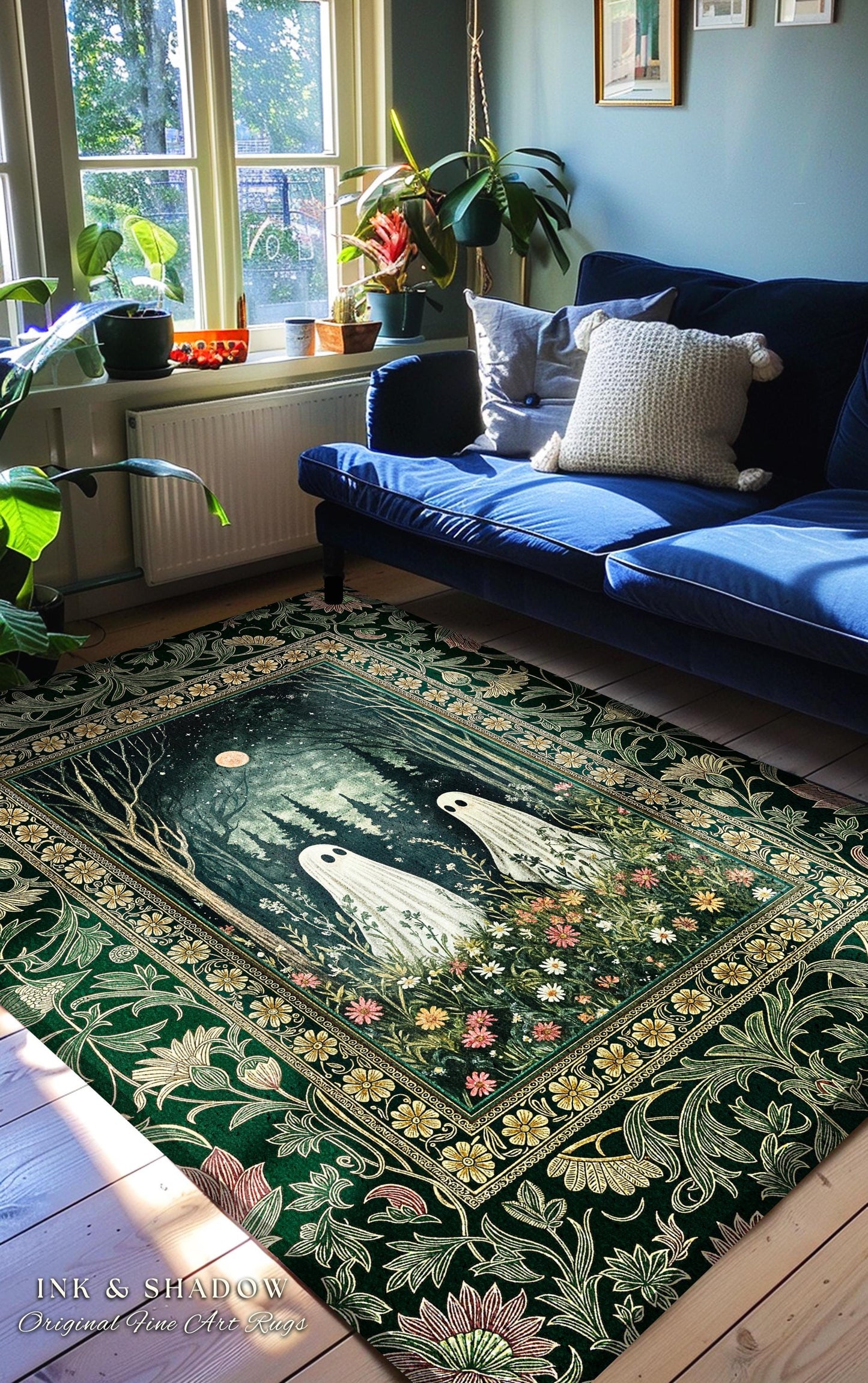 Gothic Sage Green Ghosts Rug | Botanical Woodland Spirits Decor Whimsigoth Gothic Halloween Style Cottagecore Floral Mystic Dark Aesthetic