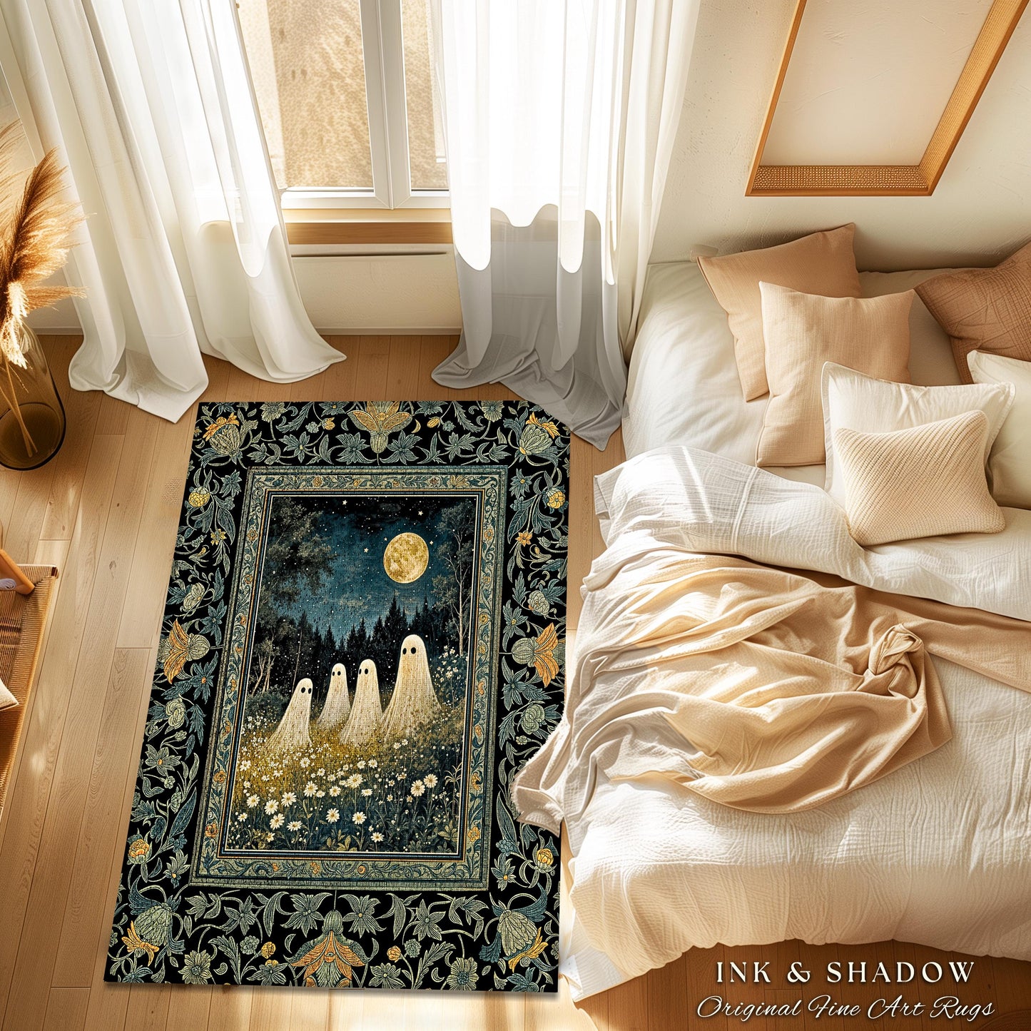 Mystic Full Moon Ghost Family Rug | Floral Halloween Accent Rug Whimsigoth Gothic Mysticism Witchy Maximalist Throw Spooky Decor Celestial |