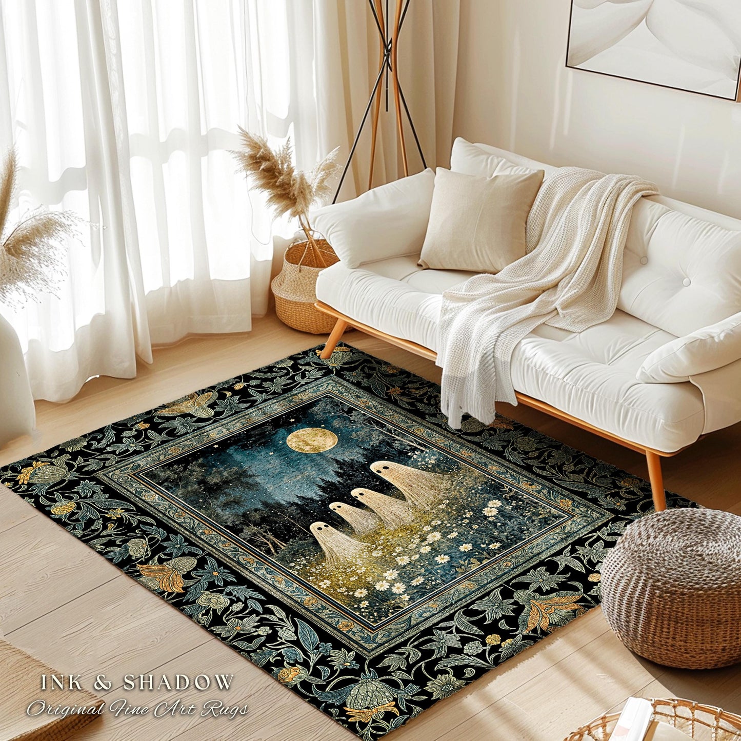 Mystic Full Moon Ghost Family Rug | Floral Halloween Accent Rug Whimsigoth Gothic Mysticism Witchy Maximalist Throw Spooky Decor Celestial |