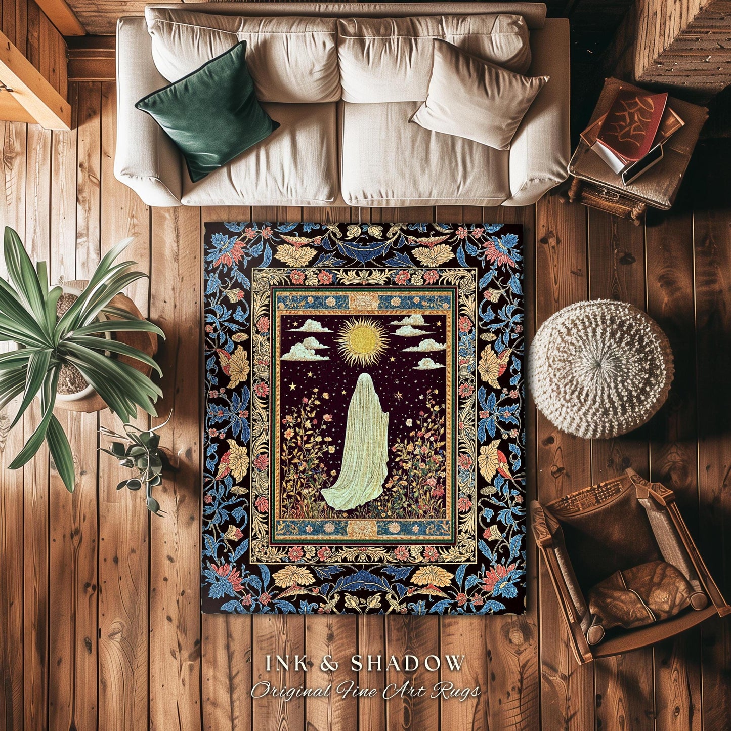 Gothic Sunlit Ghost Accent Rug | Whimsigothic Cottagecore Area Rug Home Decor Halloween Spirit Floral Mysticism Witchy Bedroom Accent Tarot