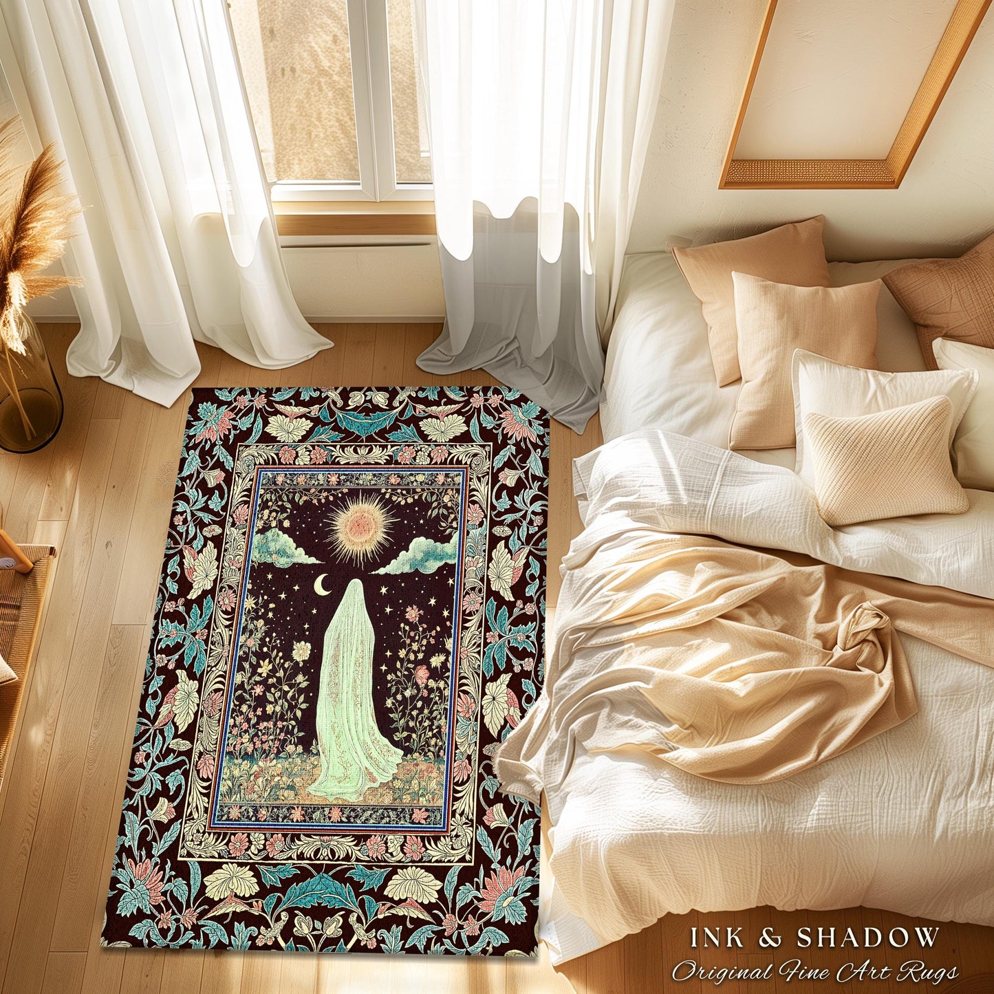 Earth Spirit Mystic Floral Ghost Rug | Cottagecore Home Decor Whimsigoth Decor Sunlit Pastel Accent Botanical Season Witchy Vintage Style |