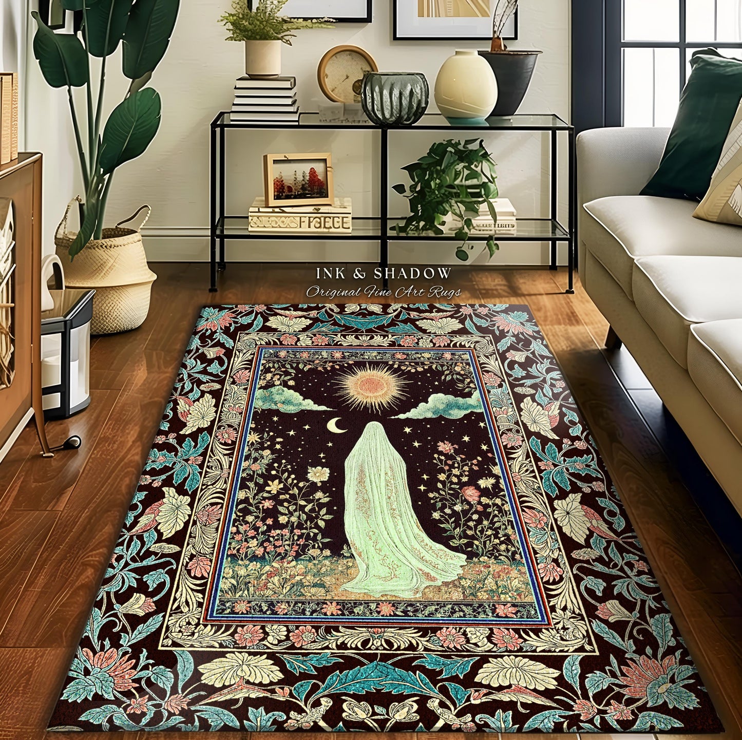 Earth Spirit Mystic Floral Ghost Rug | Cottagecore Home Decor Whimsigoth Decor Sunlit Pastel Accent Botanical Season Witchy Vintage Style |