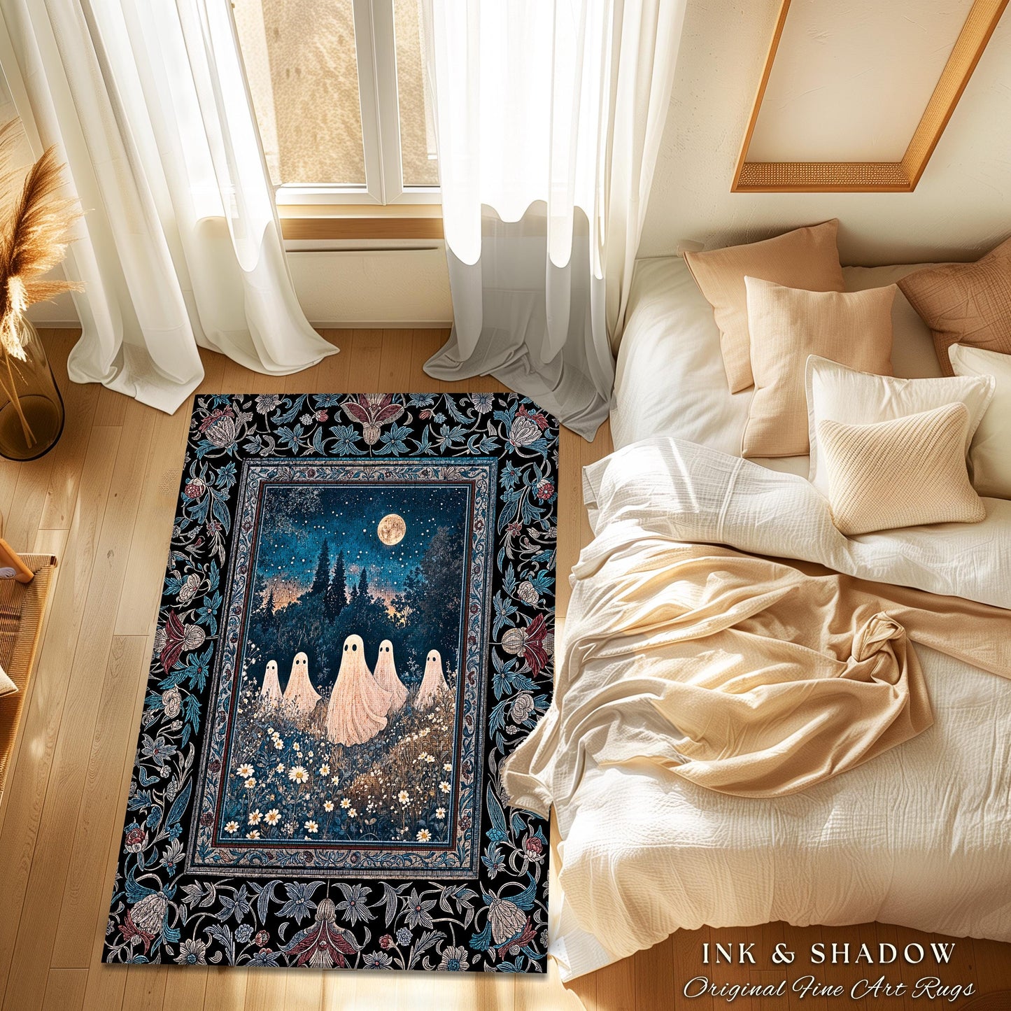 Midnight Gathering Mystical Ghost Rug | Gothic Halloween Accent Rug Whimsigoth Floral Dark Cottagecore Maximalist Mystic Decor Full Moon Art