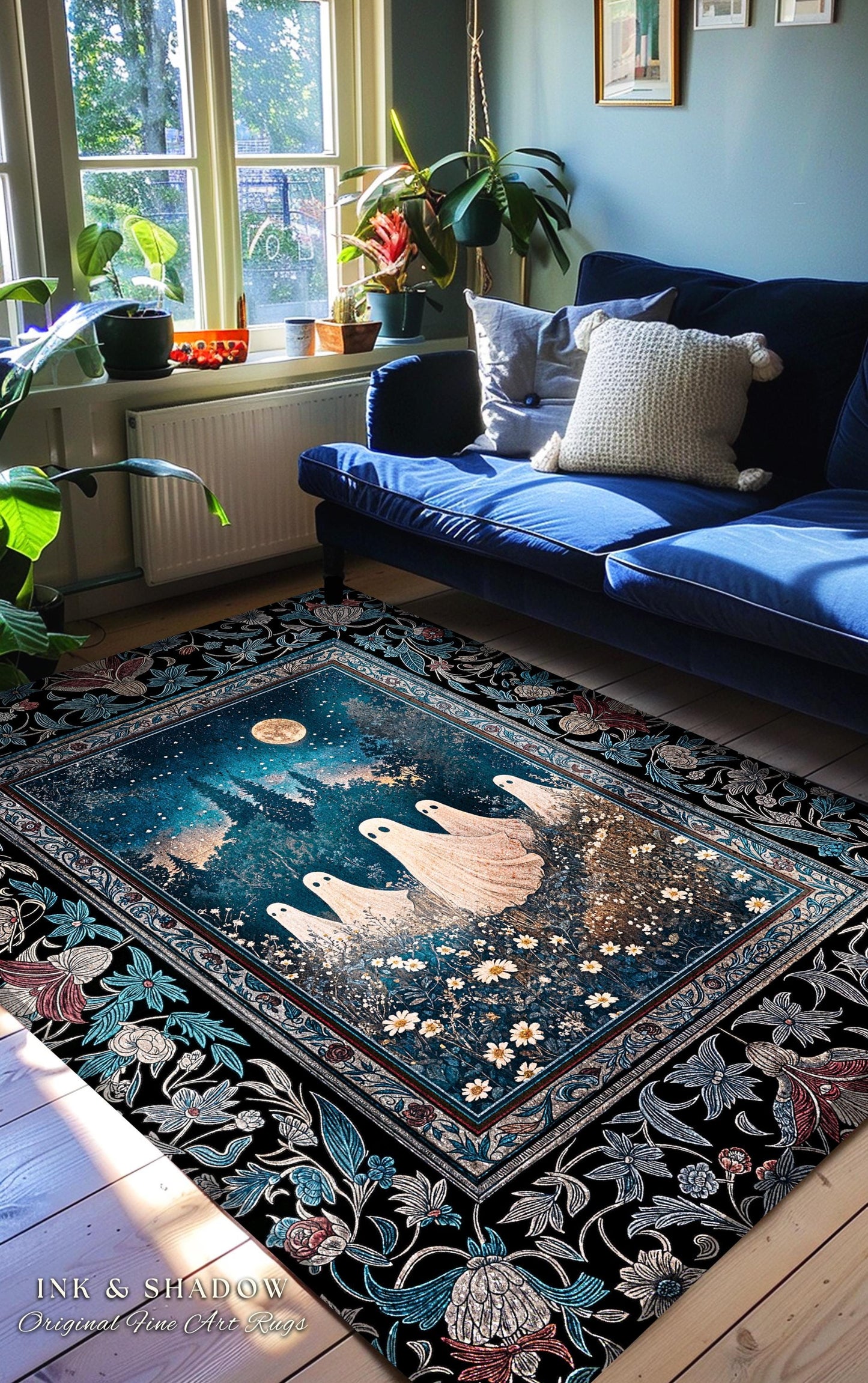 Midnight Gathering Mystical Ghost Rug | Gothic Halloween Accent Rug Whimsigoth Floral Dark Cottagecore Maximalist Mystic Decor Full Moon Art
