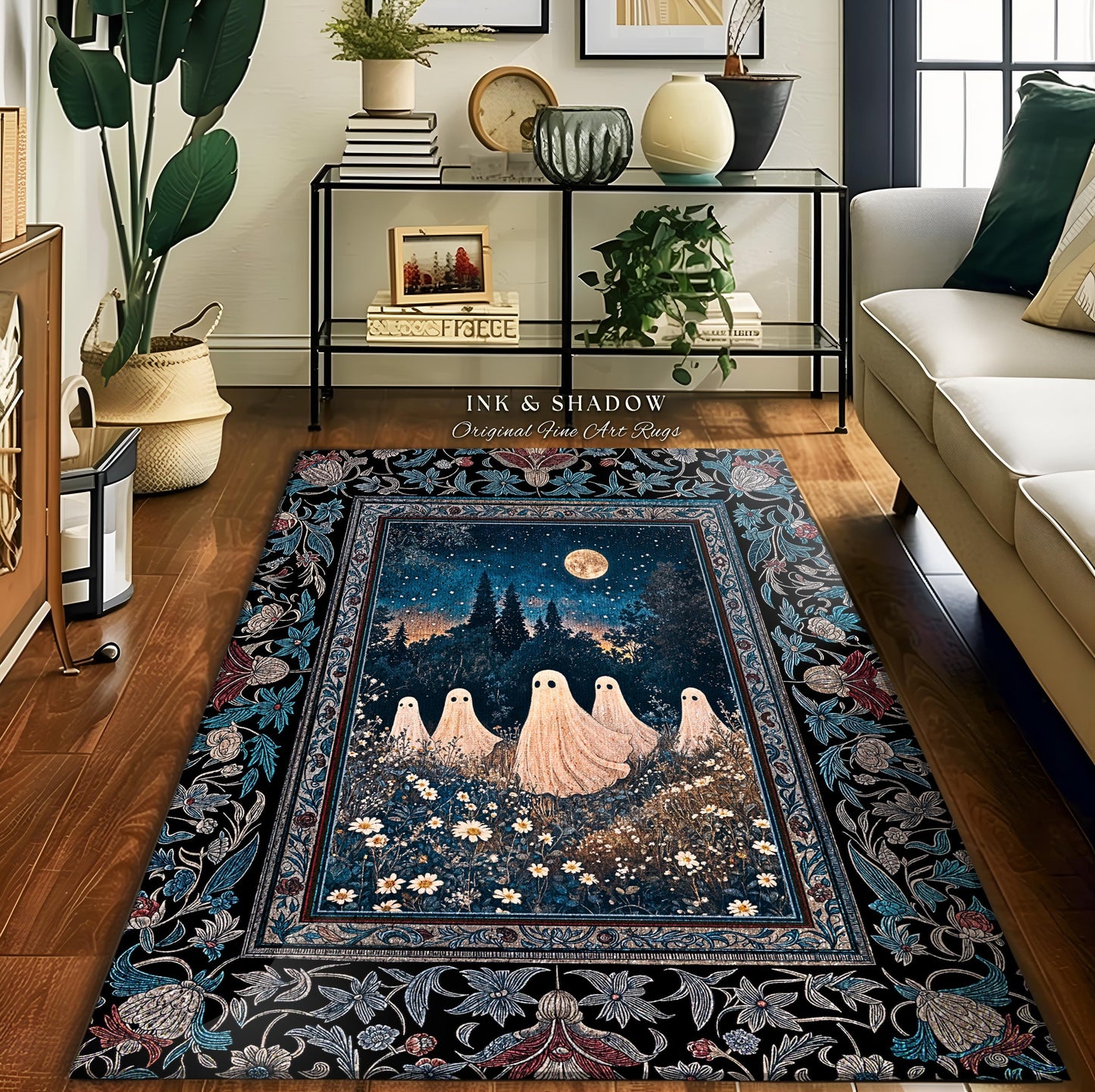 Midnight Gathering Mystical Ghost Rug | Gothic Halloween Accent Rug Whimsigoth Floral Dark Cottagecore Maximalist Mystic Decor Full Moon Art