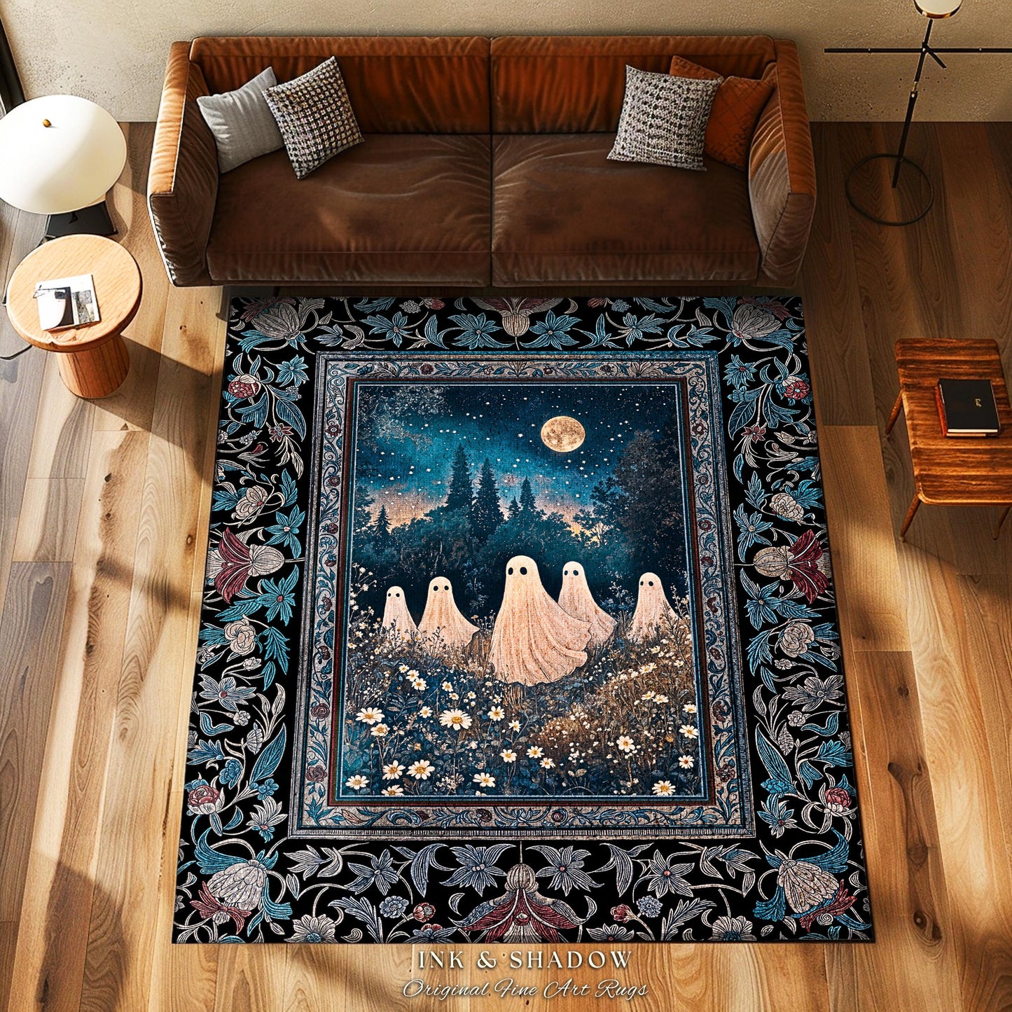 Midnight Gathering Mystical Ghost Rug | Gothic Halloween Accent Rug Whimsigoth Floral Dark Cottagecore Maximalist Mystic Decor Full Moon Art