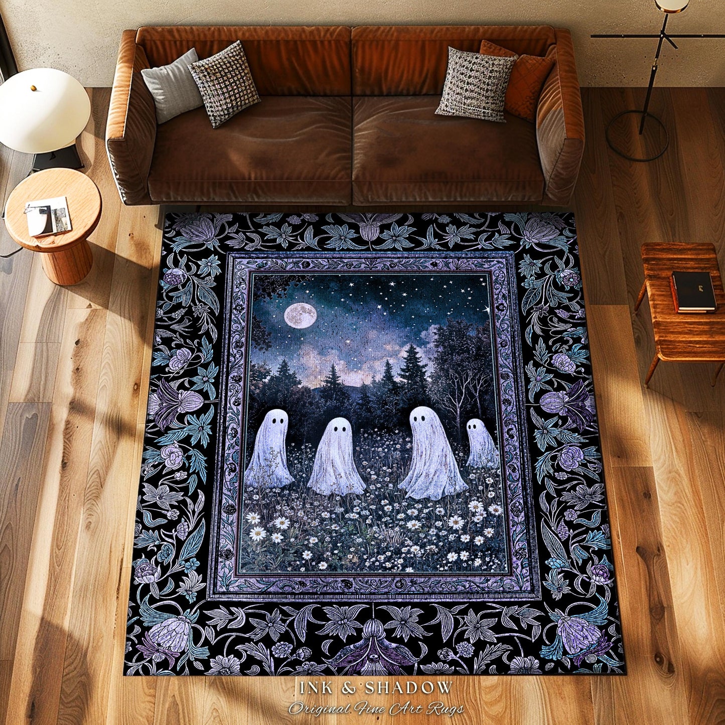 Starry Sky Violet Meadow Ghost Rug | Halloween Gothic Accent Whimsigoth Cottagecore Floral Maximalist Moody Mysticism Bedroom Decor Witchy