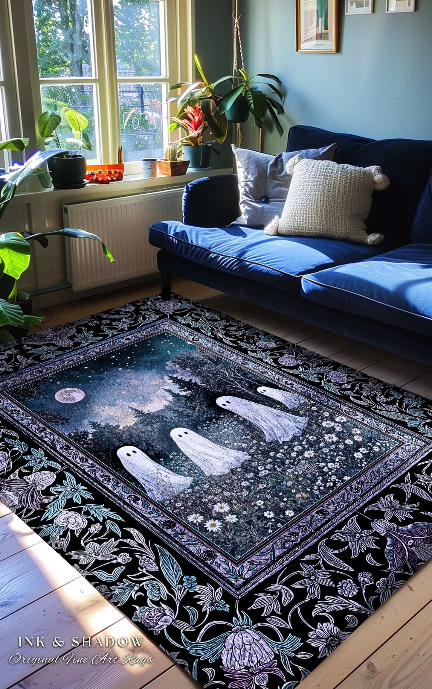 Starry Sky Violet Meadow Ghost Rug | Halloween Gothic Accent Whimsigoth Cottagecore Floral Maximalist Moody Mysticism Bedroom Decor Witchy