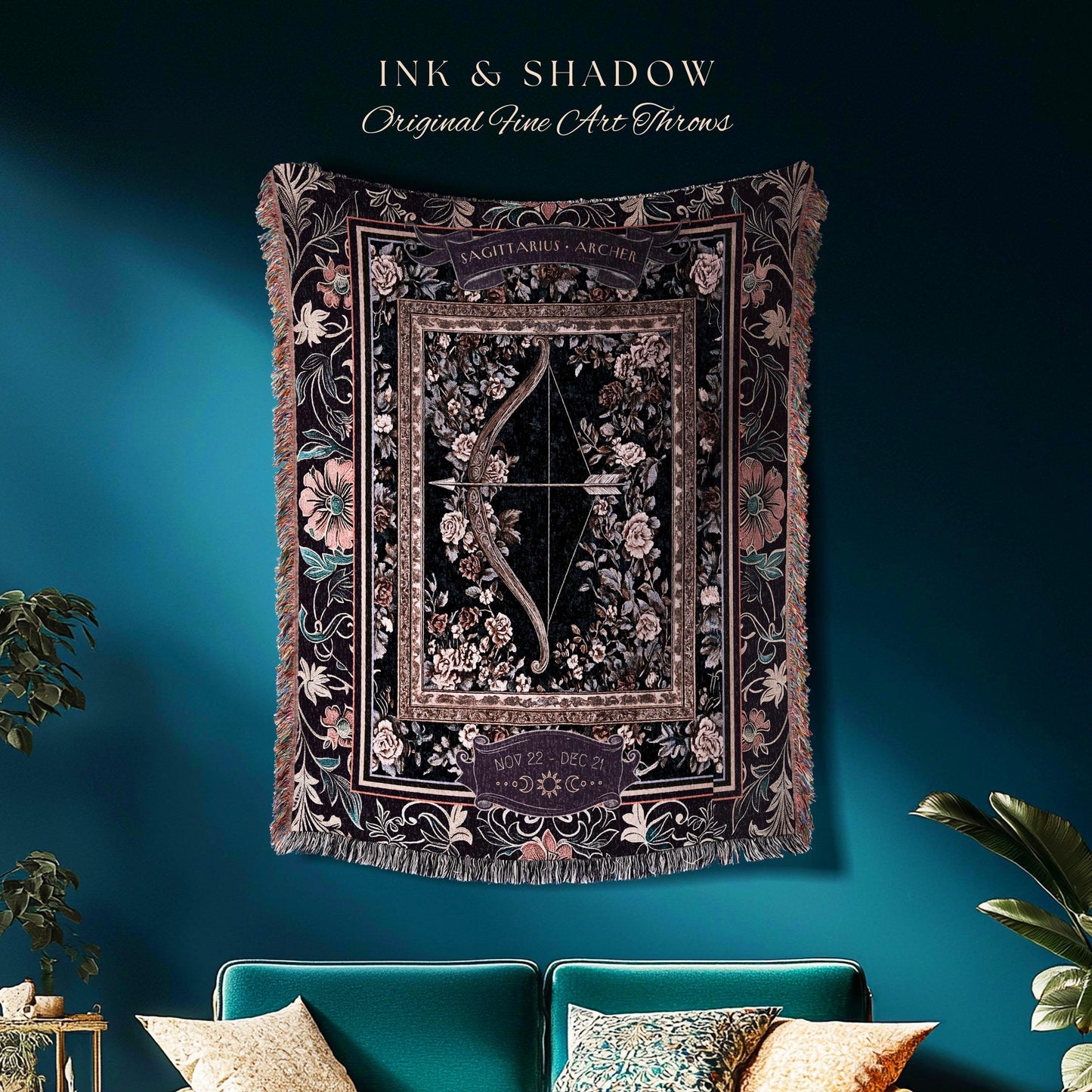 Floral Mystic Sagittarius Zodiac Dark Fairycore Tapestry Blanket Celestial Birthday Gift, The Archer Magic Witchy Whimsy Astrology Art Throw