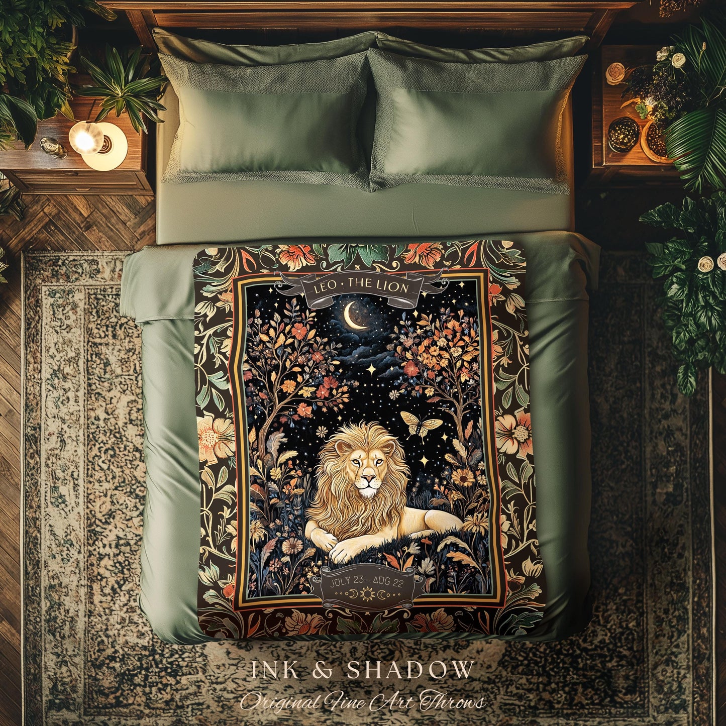 May include: A throw blanket with a dark green background and a tapestry design. The center of the blanket features a lion with a golden mane and a crescent moon. The text 'LEO - THE LION' is above the lion. The text 'JULY 23 - AUG 22' is below the lion. The text 'INK & SHADOW Original Fine Art Throws' is at the bottom of the blanket.