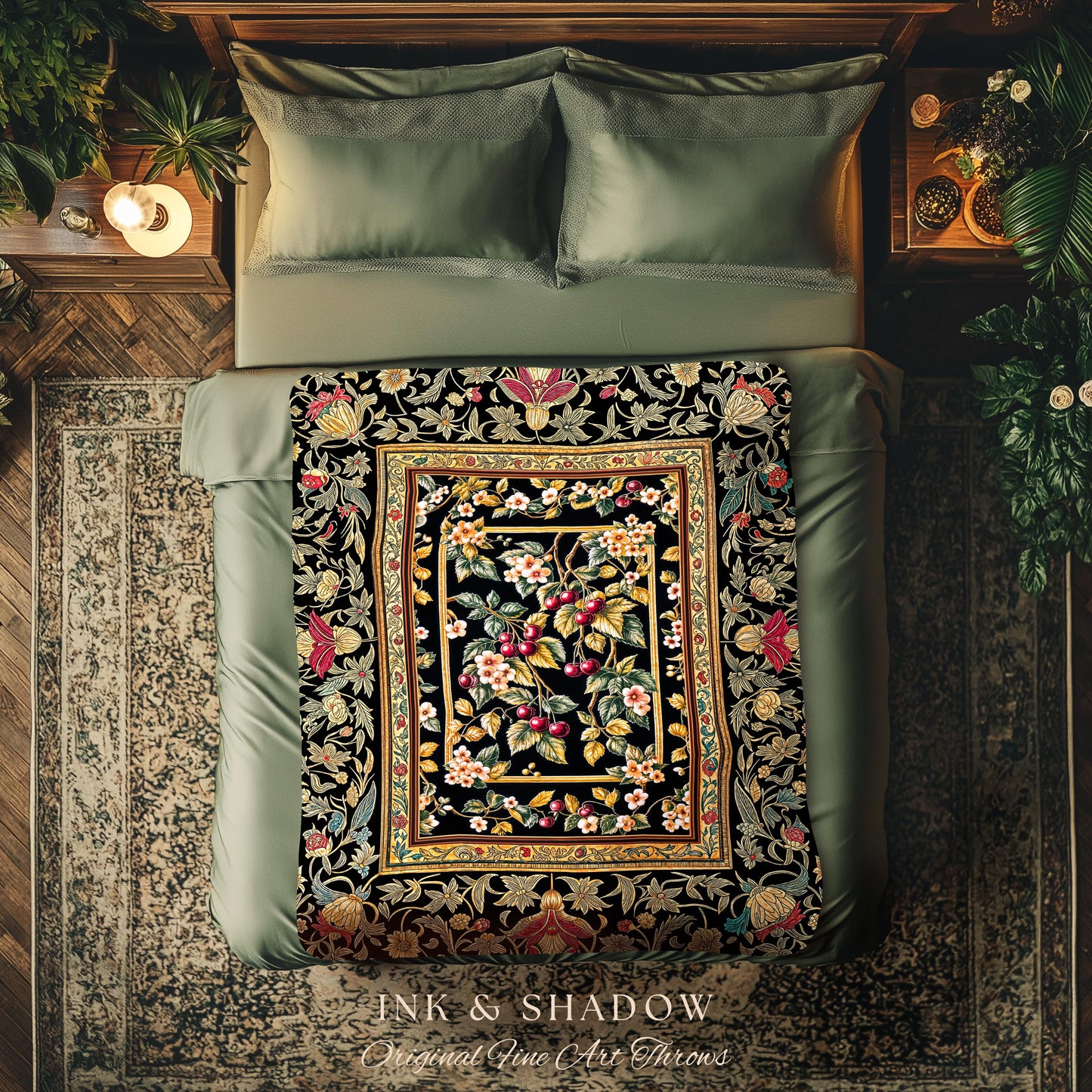 Mystic Baroque Cherry Garden Throw Blanket | Ornate Botanical Design Romantic Fruit Pattern Gothic Nature Style Rococo Floral Woven Tapestry