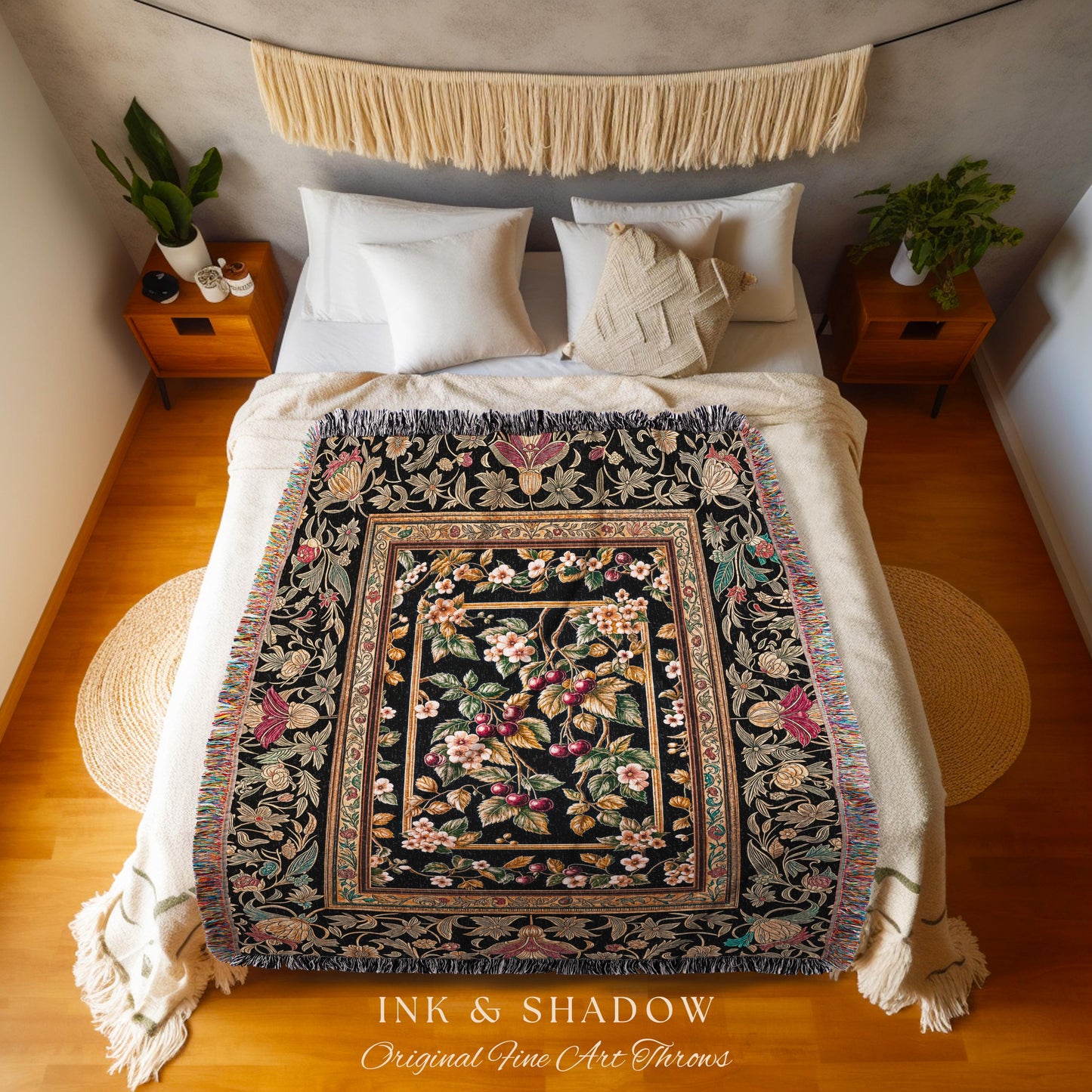 Mystic Baroque Cherry Garden Throw Blanket | Ornate Botanical Design Romantic Fruit Pattern Gothic Nature Style Rococo Floral Woven Tapestry