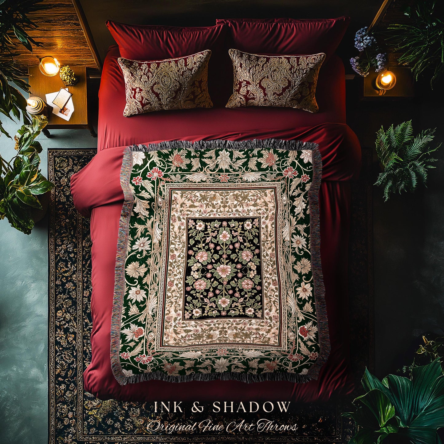 Victorian Garden Floral Throw Blanket | Romantic Rococo Botanical Accent Baroque Pattern Decor Cottagecore Jewel Toned Woven Tapestry Boho |