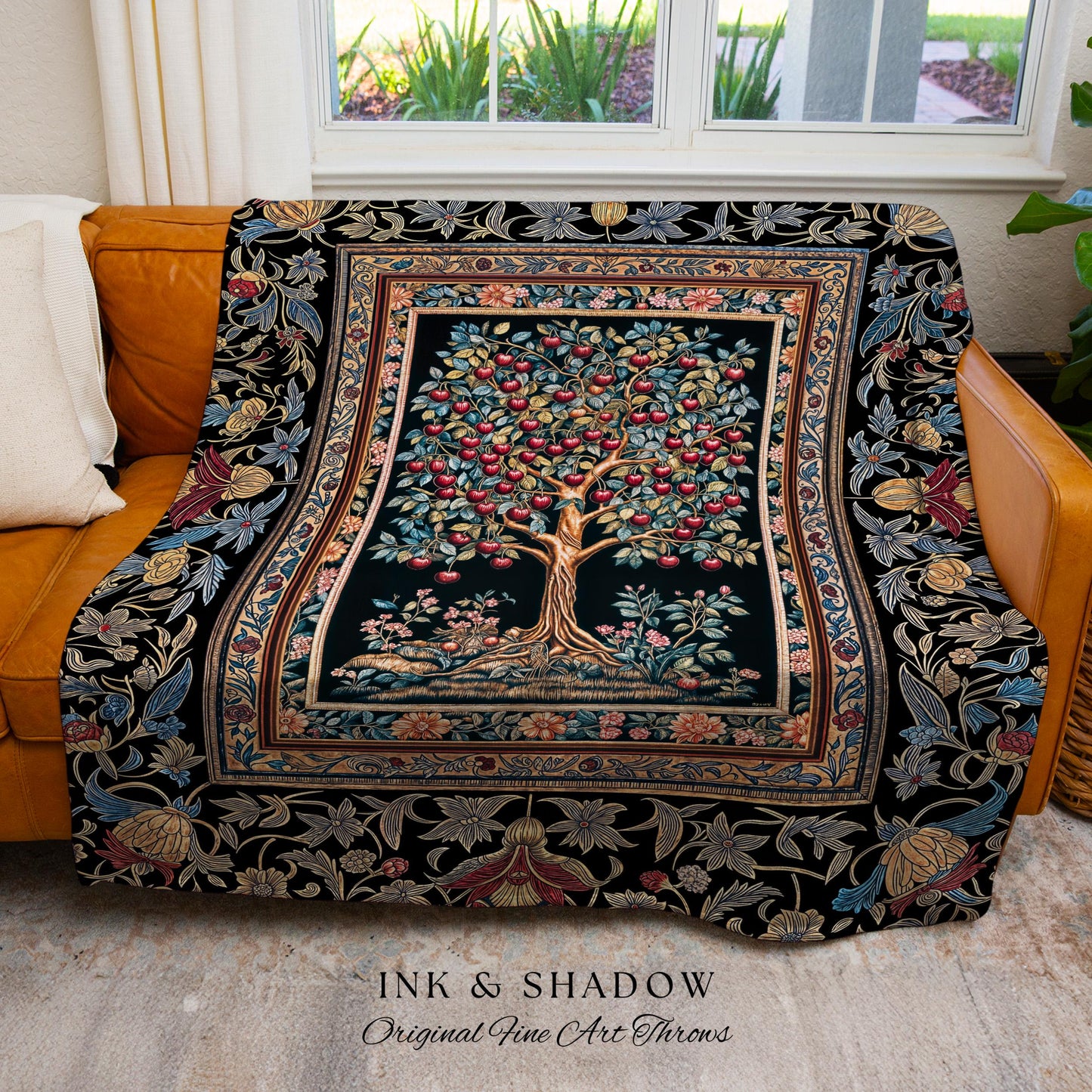Medieval Cherry Tree of Life Throw Blanket | Baroque Botanical Pattern Romantic Gothic Woven Tapestry Fruit Accent Maximalist Home Decor |