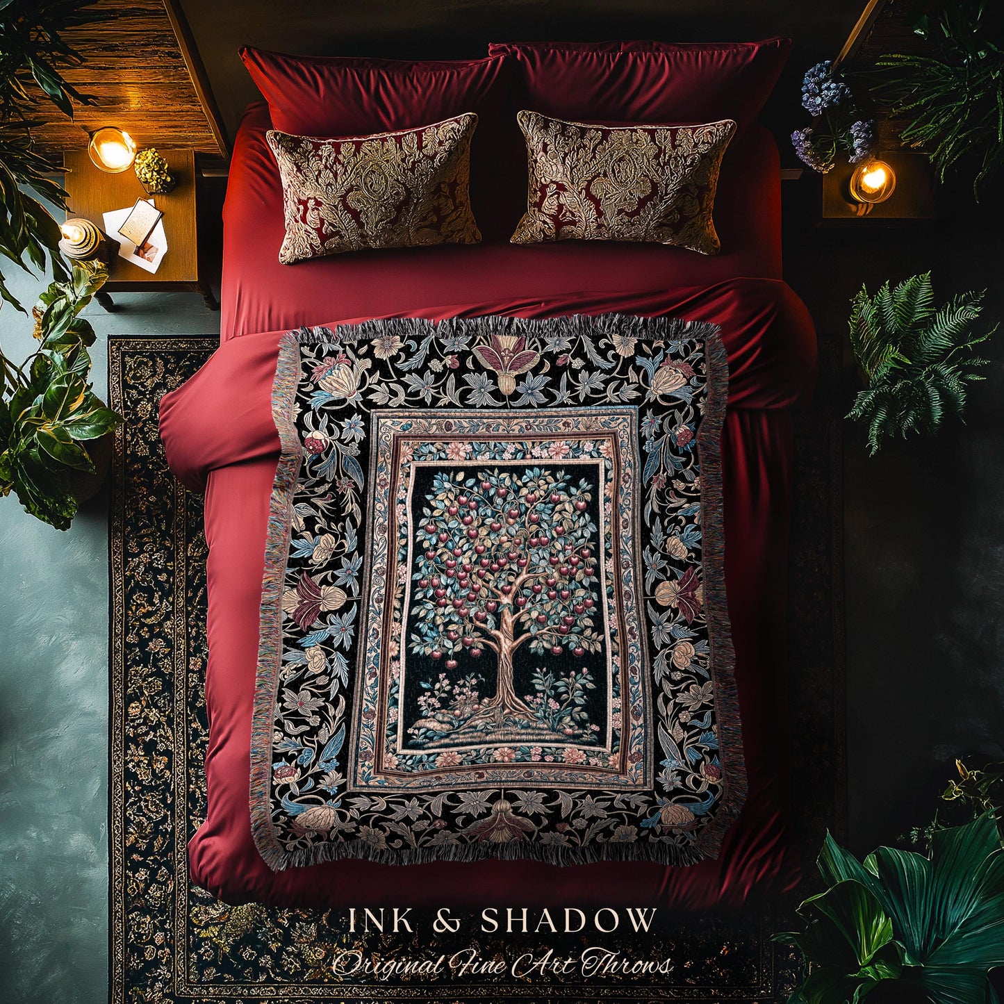 Medieval Cherry Tree of Life Throw Blanket | Baroque Botanical Pattern Romantic Gothic Woven Tapestry Fruit Accent Maximalist Home Decor |