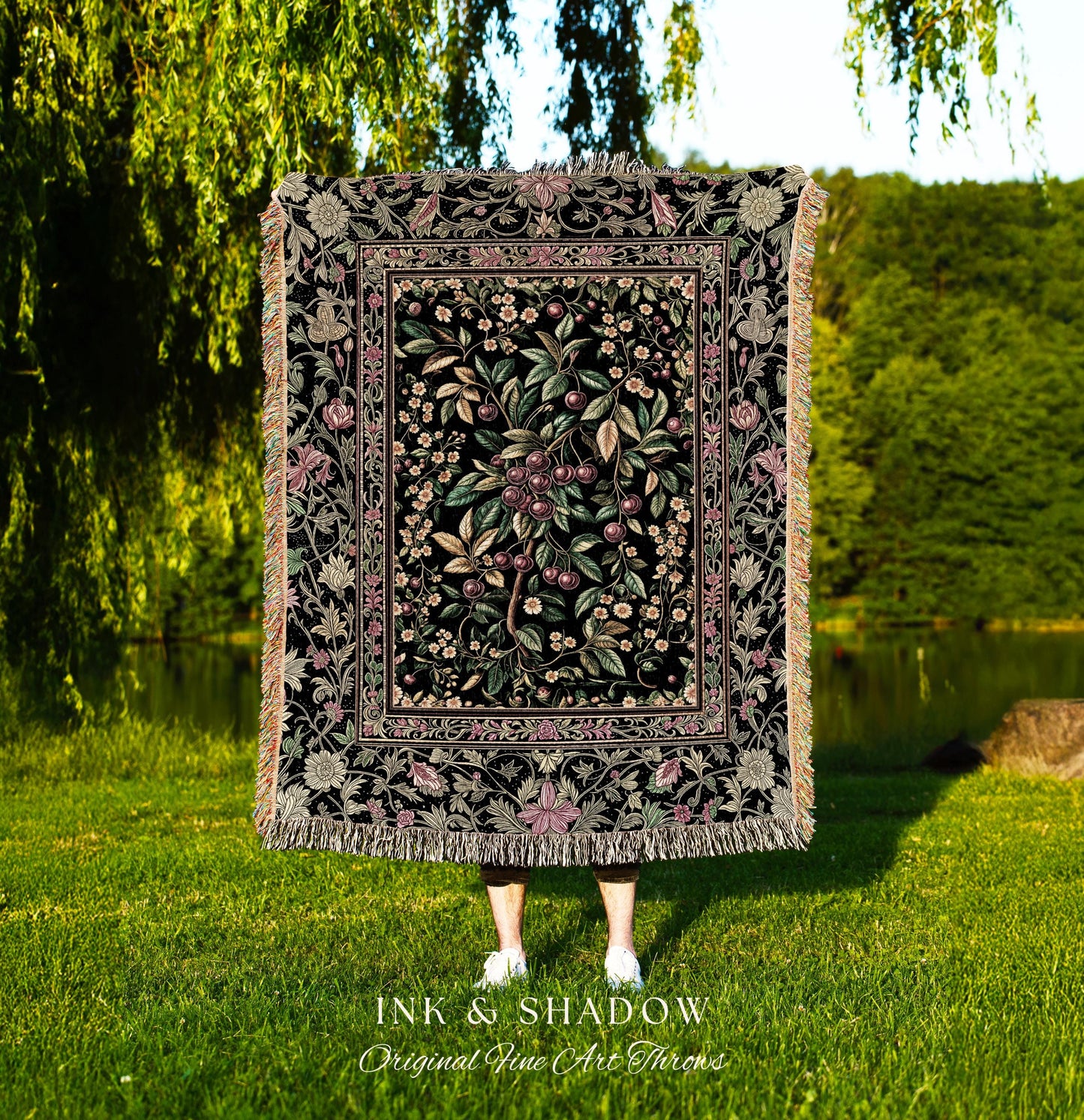 Gothic Elegance Cherry Throw Blanket | Victorian Cottagecore Decor Baroque Floral Style Gothic Garden Woven Tapestry Romantic Dark Ethereal