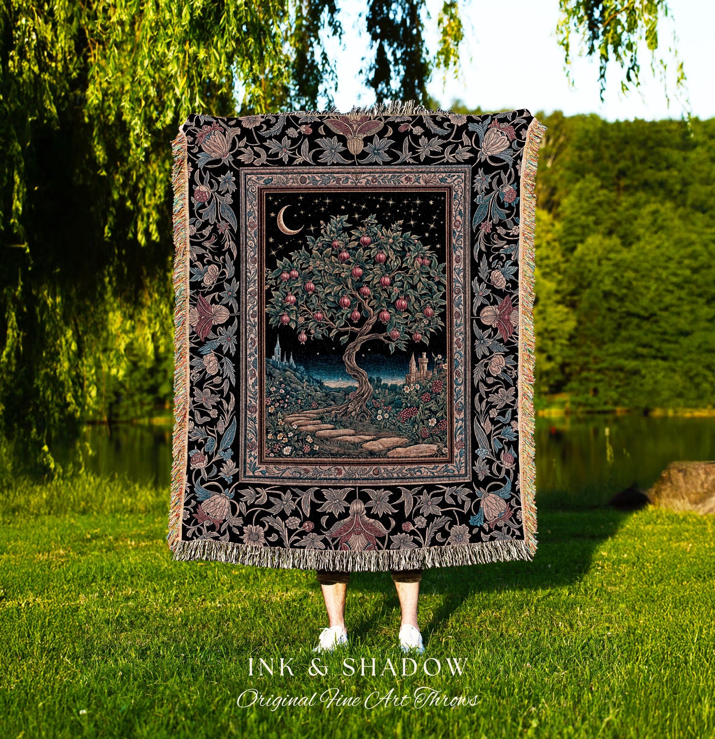 Twilight Orchard Tree Life Tapestry | Enchanted Harvest Aesthetic Crimson Moonlit Medieval Magic Style Eclectic Woven Throw Blanket Witchy |