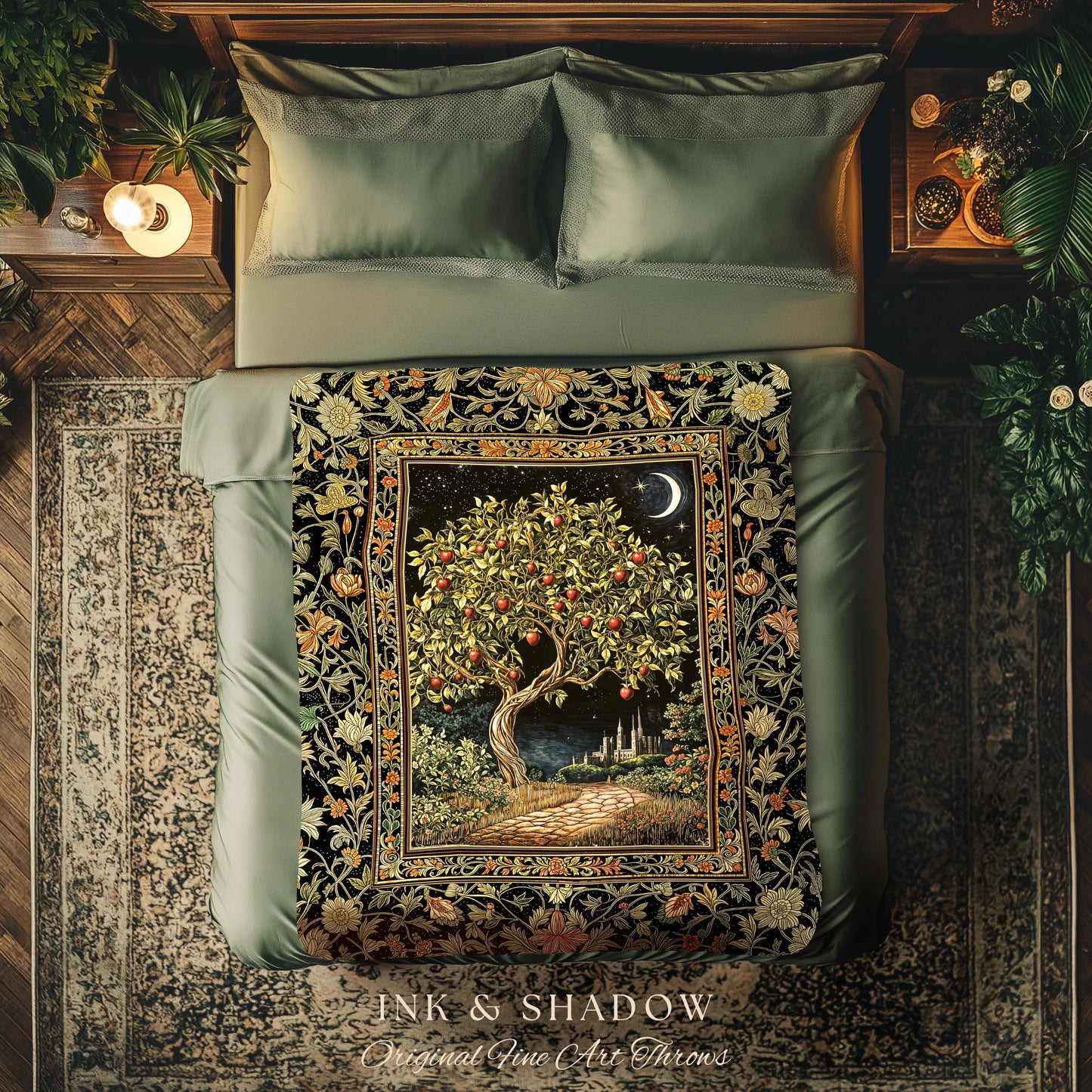 Starlit Storybook Tree Blanket | Dreamy Woven Bedroom Decor Folklore Castle Garden Magic Moody Celestial Home Folklore Tapestry Bohemian |