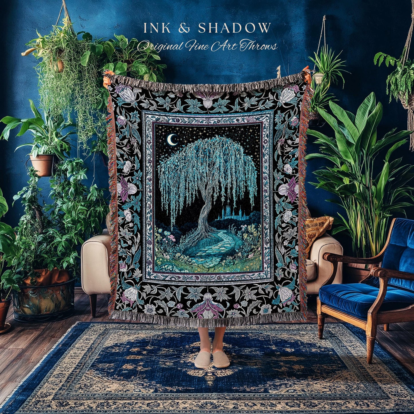 Dreamy Willow Tree Moody Throw Blanket | Enchanted Aesthetic Celestial Folklore Storybook Witchy Home Accent Dark Academia Medieval Tapestry