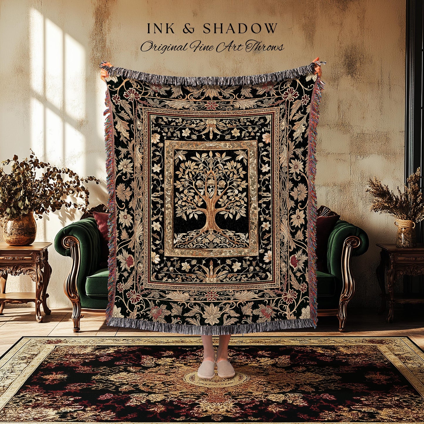 Regal Golden Tree of Life Wall Tapestry | Gilt Border Ornate Medieval Design Folklore Style Woodland Decor Maximalist Throw Blanket Nordic |