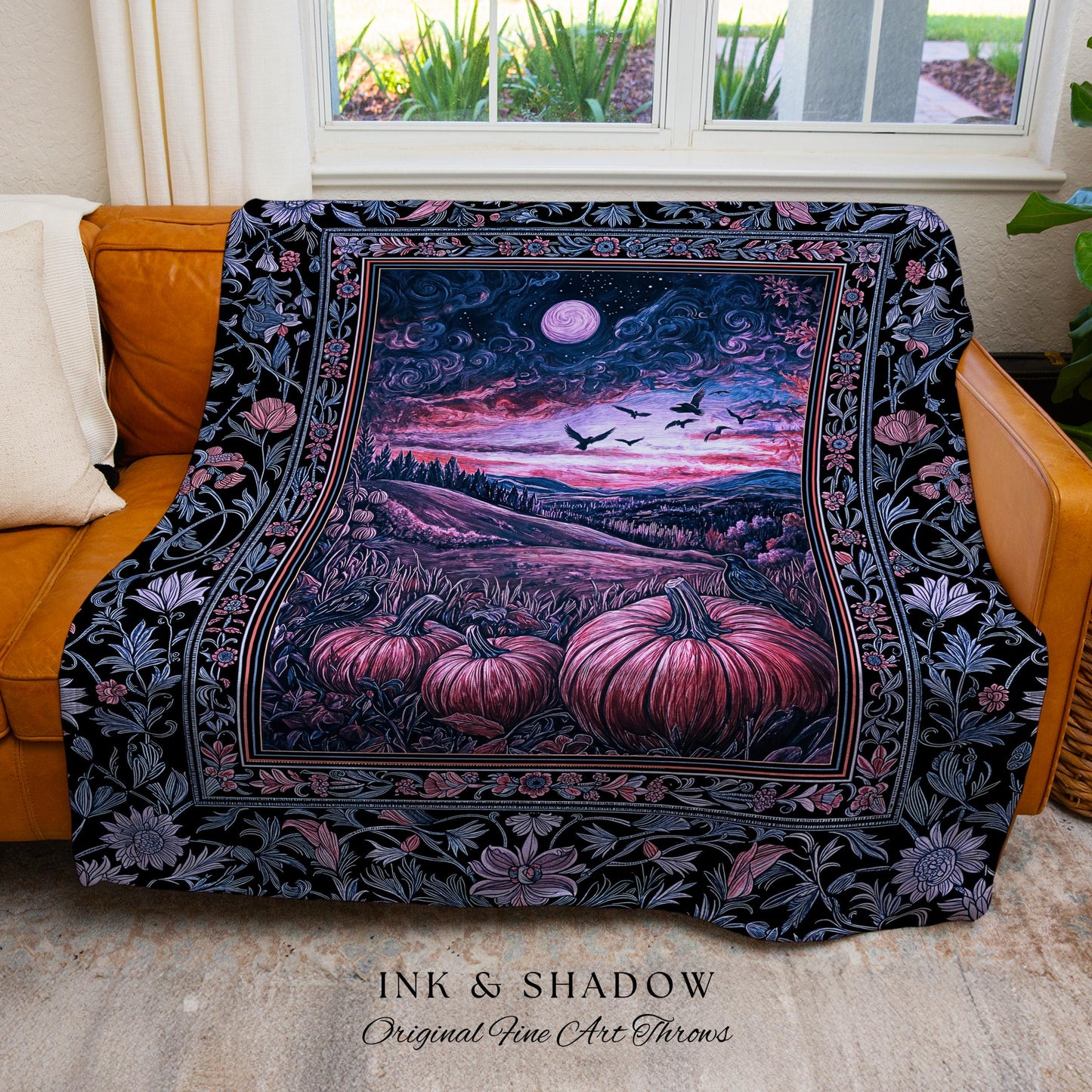 Rustic Crowcore Enchanted Pumpkin Landscape Woven Tapestry | Gothiccore Autumn Aesthetics Cozy Dark Academia Fall Amethyst Whimsigothic Vibe