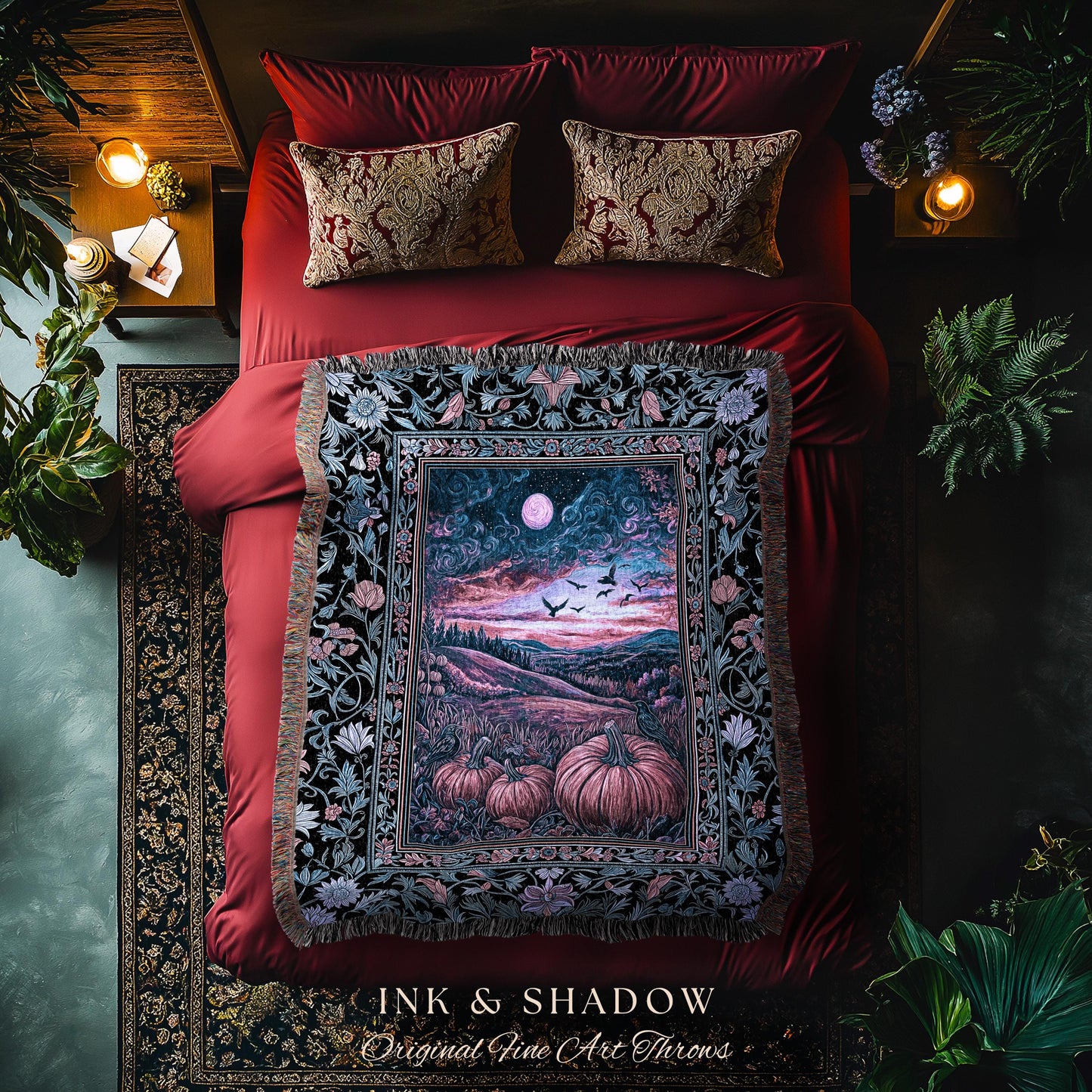 Rustic Crowcore Enchanted Pumpkin Landscape Woven Tapestry | Gothiccore Autumn Aesthetics Cozy Dark Academia Fall Amethyst Whimsigothic Vibe