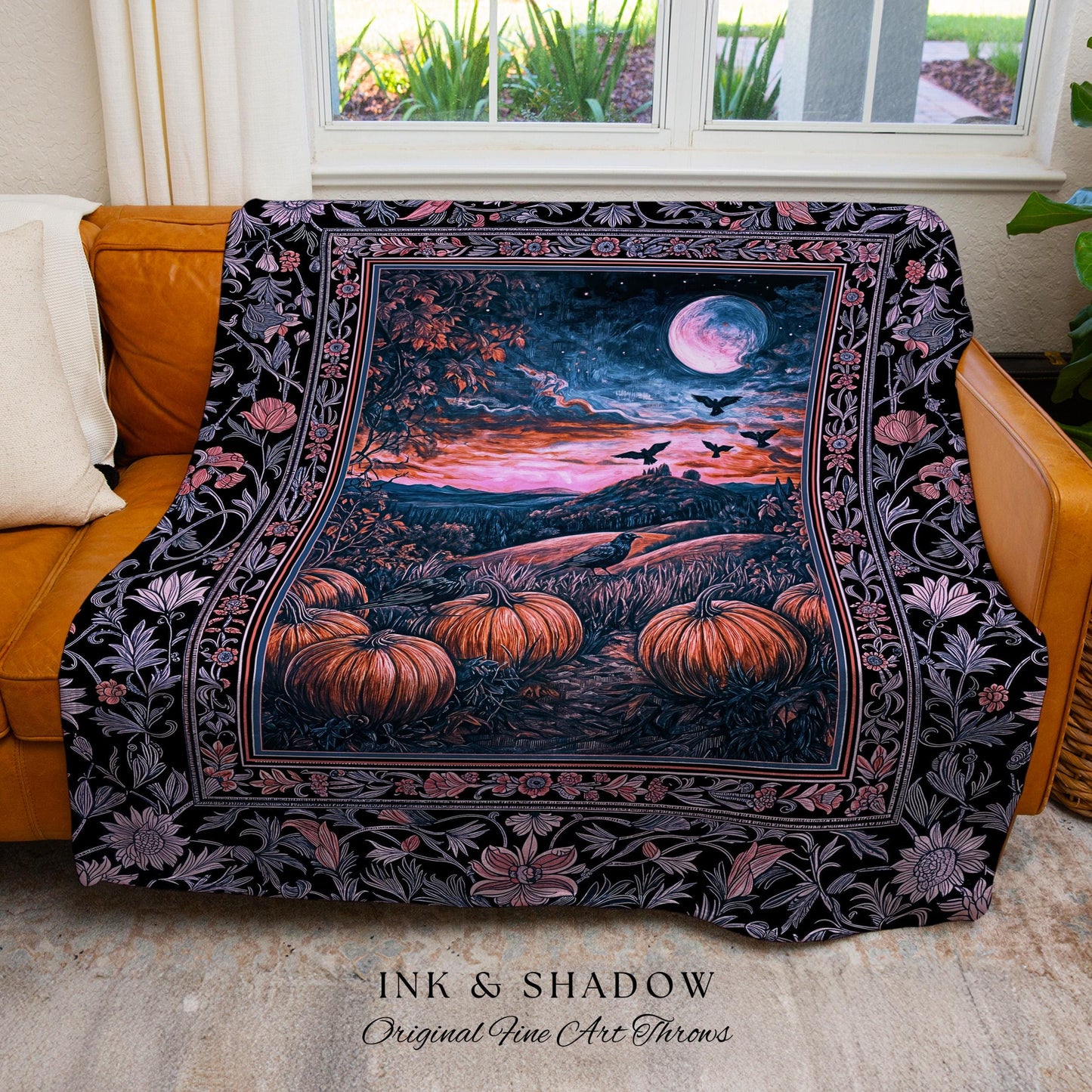Whimsigothic Raven Full Moon Pumpkins Woven Throw | Dreamy Aesthetic Fall Vibes Witchy Dark Academia Tapestry Baroque Spooky Season Decor