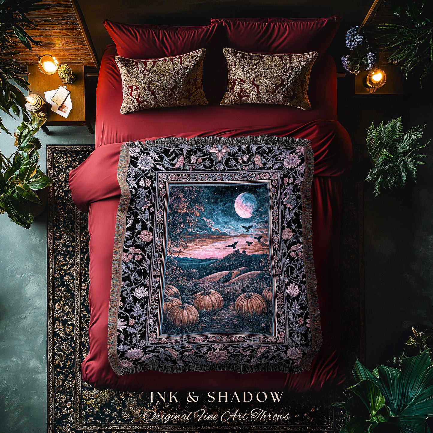Whimsigothic Raven Full Moon Pumpkins Woven Throw | Dreamy Aesthetic Fall Vibes Witchy Dark Academia Tapestry Baroque Spooky Season Decor