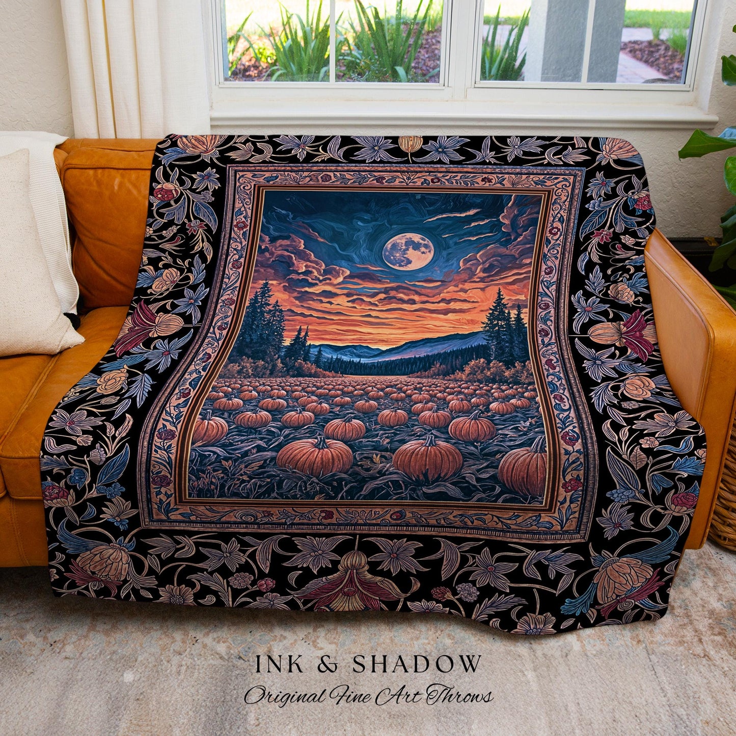 Celestial Autumn Sunset Throw Blanket | Cozy Fall Accent Dark Academia Aesthetic Autumn Vibes Rustic Decor Whimsigoth Pumpkin Wall Tapestry