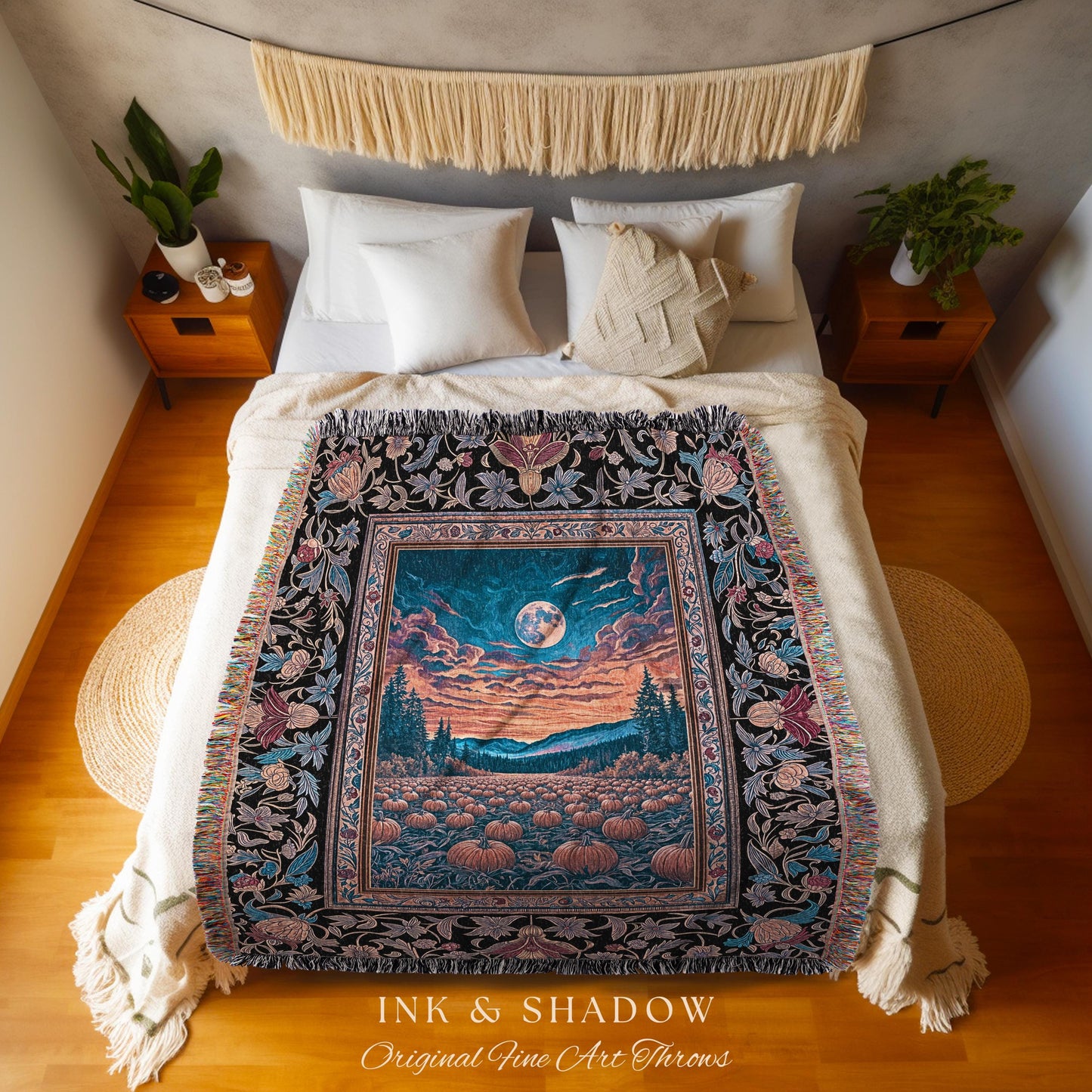 Celestial Autumn Sunset Throw Blanket | Cozy Fall Accent Dark Academia Aesthetic Autumn Vibes Rustic Decor Whimsigoth Pumpkin Wall Tapestry