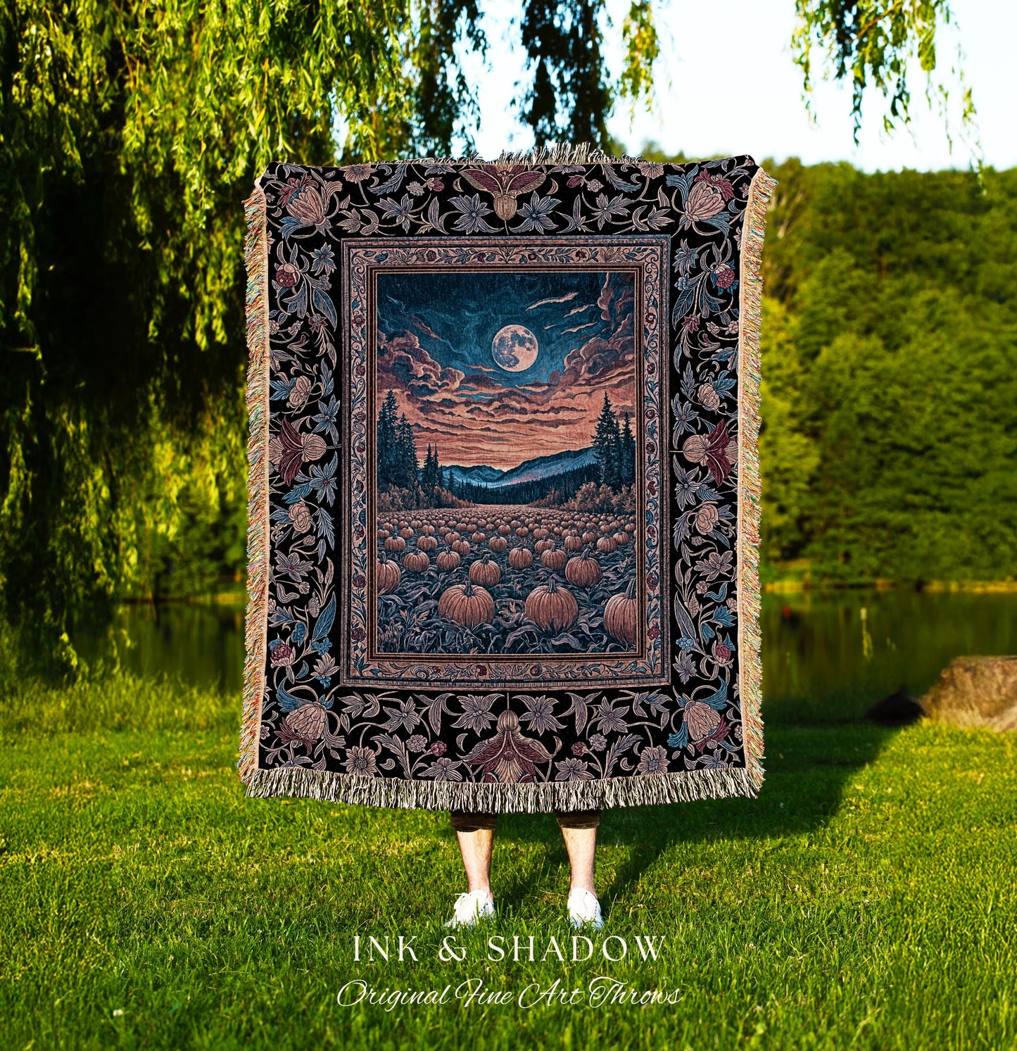 Celestial Autumn Sunset Throw Blanket | Cozy Fall Accent Dark Academia Aesthetic Autumn Vibes Rustic Decor Whimsigoth Pumpkin Wall Tapestry