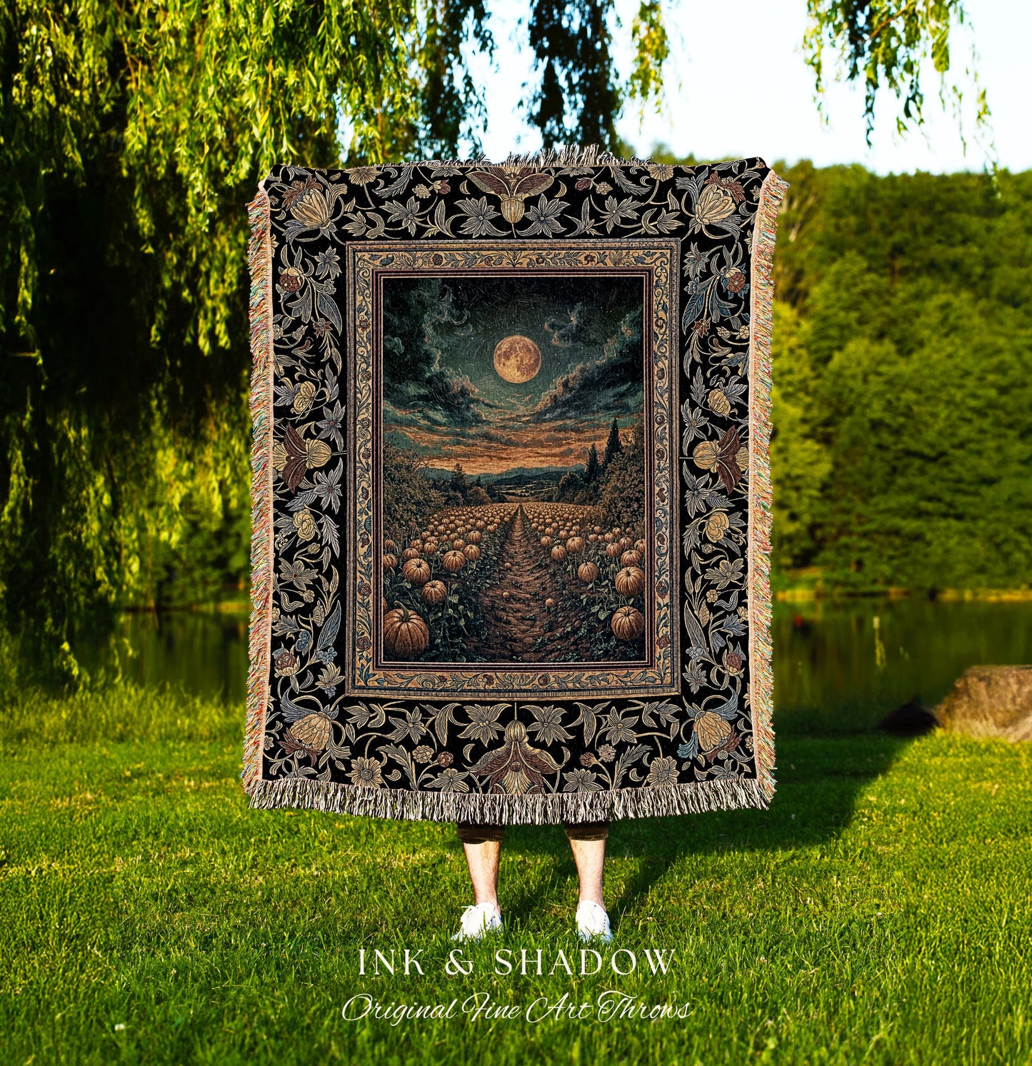 Pumpkin Patch Rustic Fall Throw Blanket | Cozy Retro Soft Halloween Vibe Autumn Aesthetic Earthy Tones Whimsigothic Woven Tapestry Decor |