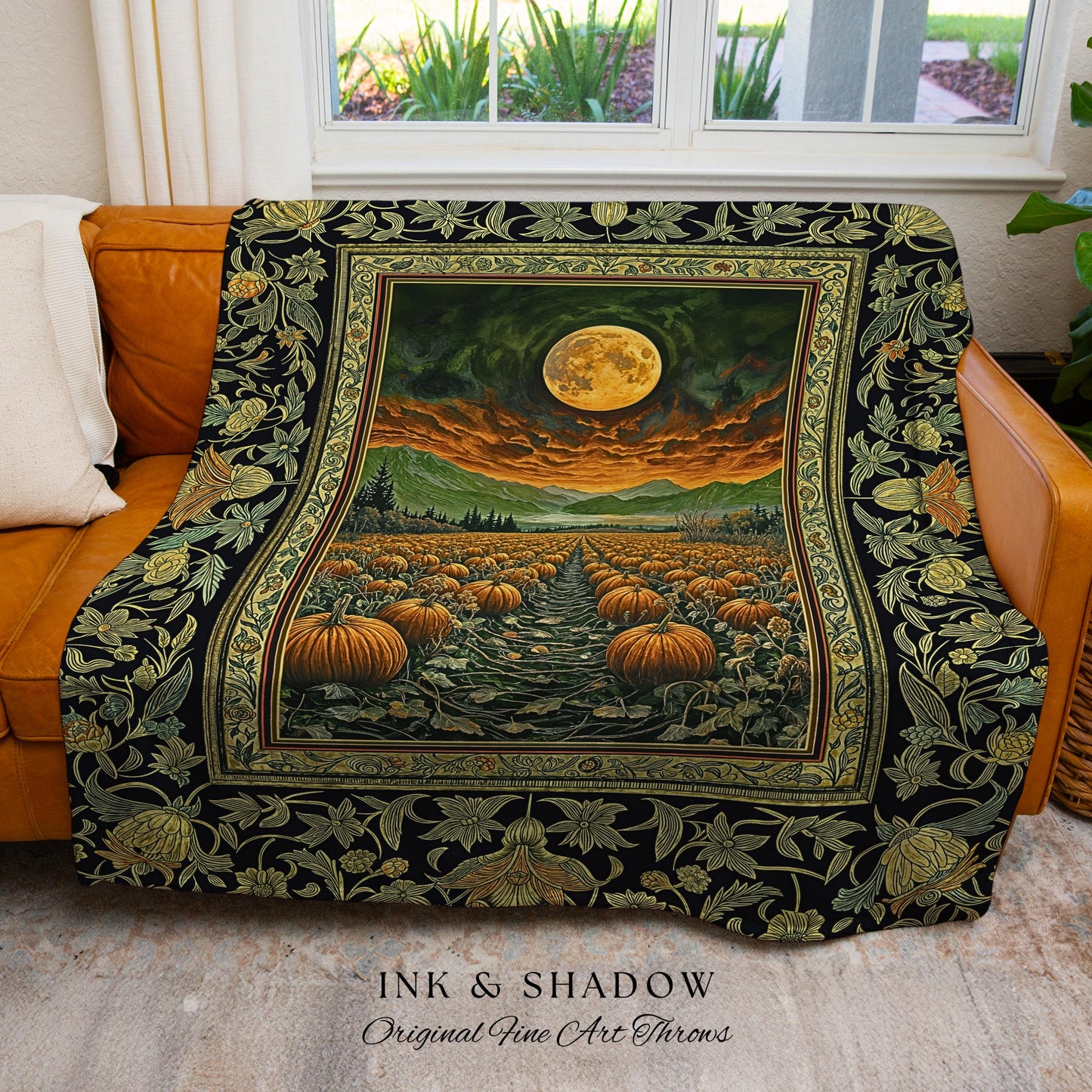 Moonrise Fall Harvest Tapestry | Earthy Boho Autumn Vibes Cute Throw Witchy Decor Whimsigoth Vintage Pumpkin Accent Rustic Halloween Blanket