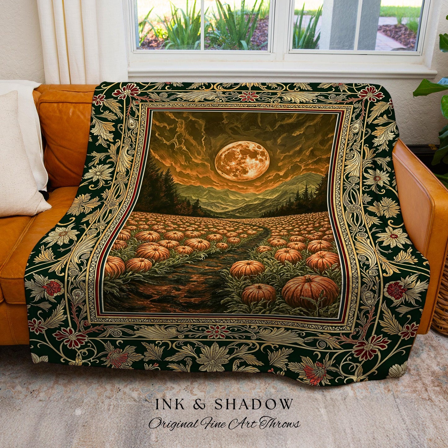 Amber Sunset Cozy Fall Throw | Dark Academia Autumn Aesthetic Bookish Blanket Spooky Season Vibes Pumpkin Crowcore Rustic Woven Tapestry |